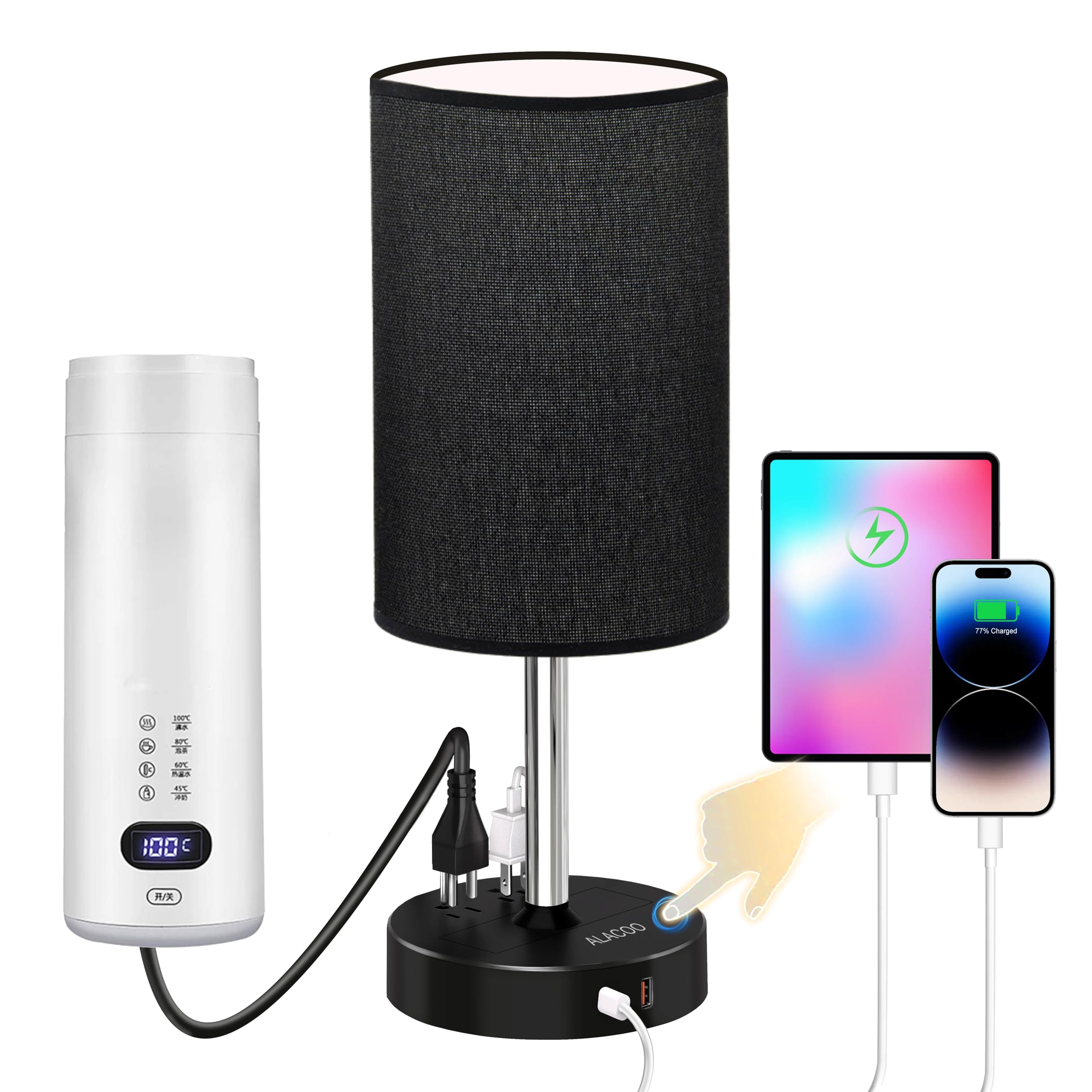 Modern Black Touch Lamp with USB A & C Charging Ports + AC Outlet - 3-Way Dimmable Nightstand Light for Bedroom & Office Desk, E26 LED Bulb Compatible - Perfect for Reading, Working & Nighttime Ambience
