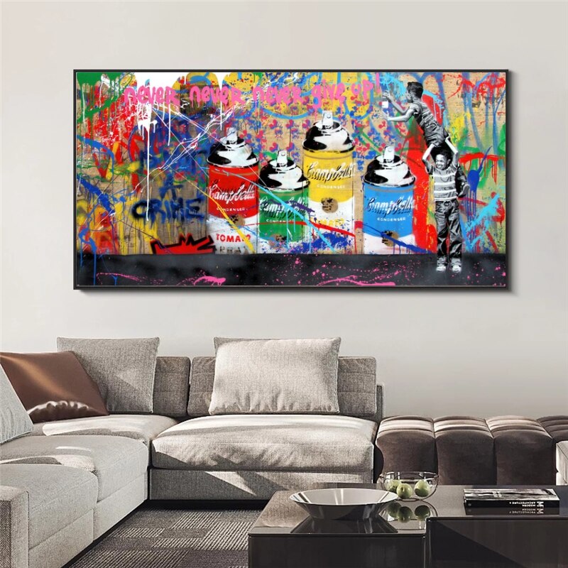 Banksy Never Give Up Canvas Graffiti Art Print - Urban Street Art Wall Decor for Living Room, Bedroom & Office - Modern Home Decor Gift for Art Lovers