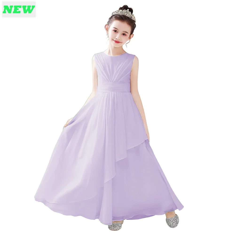 Elegant Purple Chiffon Flower Girl Dress - Sleeveless Pleated Wedding Party Gown for Kids | Perfect for Bridal Showers, First Communion & Special Occasions