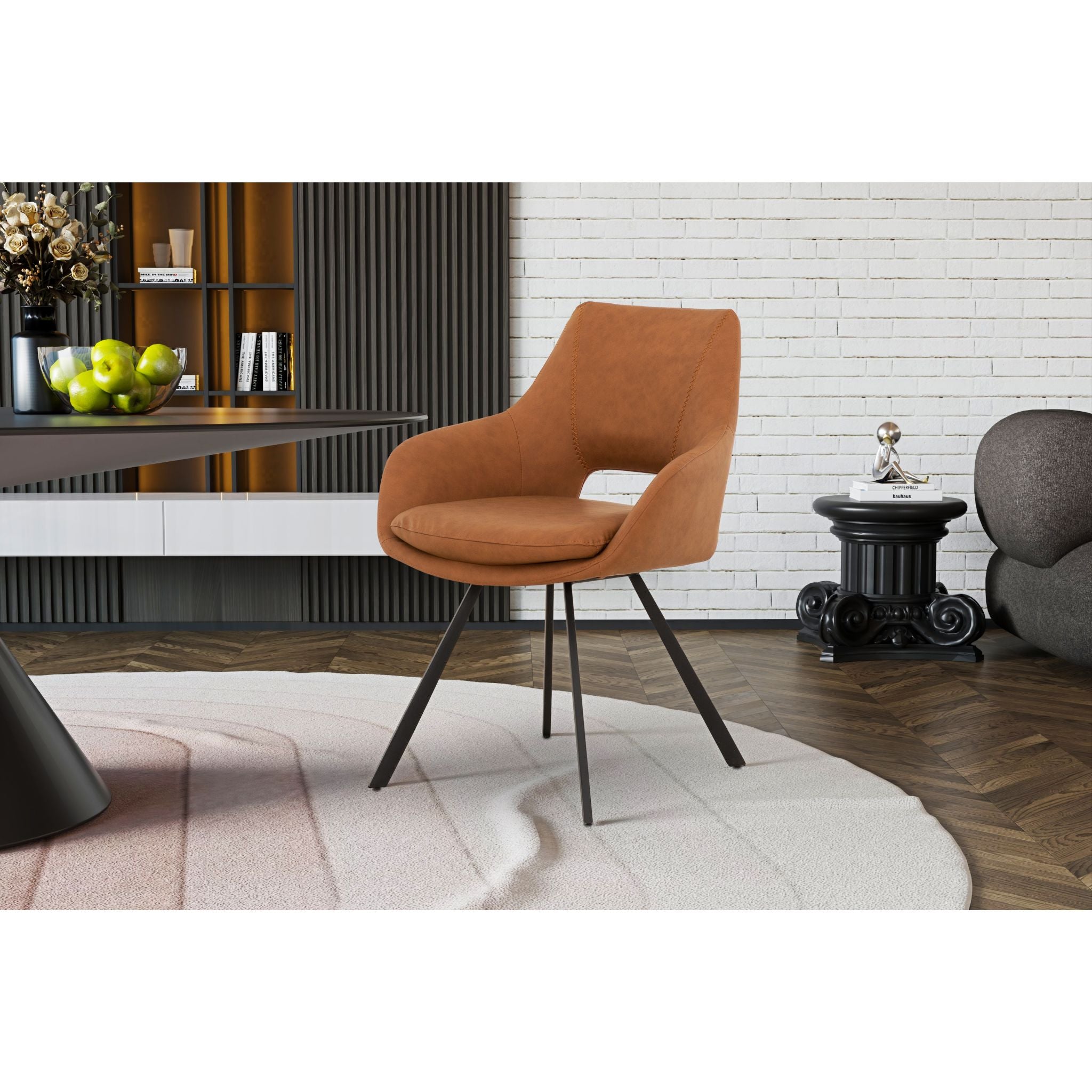 Amaze Upholstered Side Chair - Cognac Brown Leather Accent Chair for Living Room, Dining Room & Office (D620118723SHCS) | Mid-Century Modern Design with Wooden Legs | Perfect for Home Decor & Small Spaces
