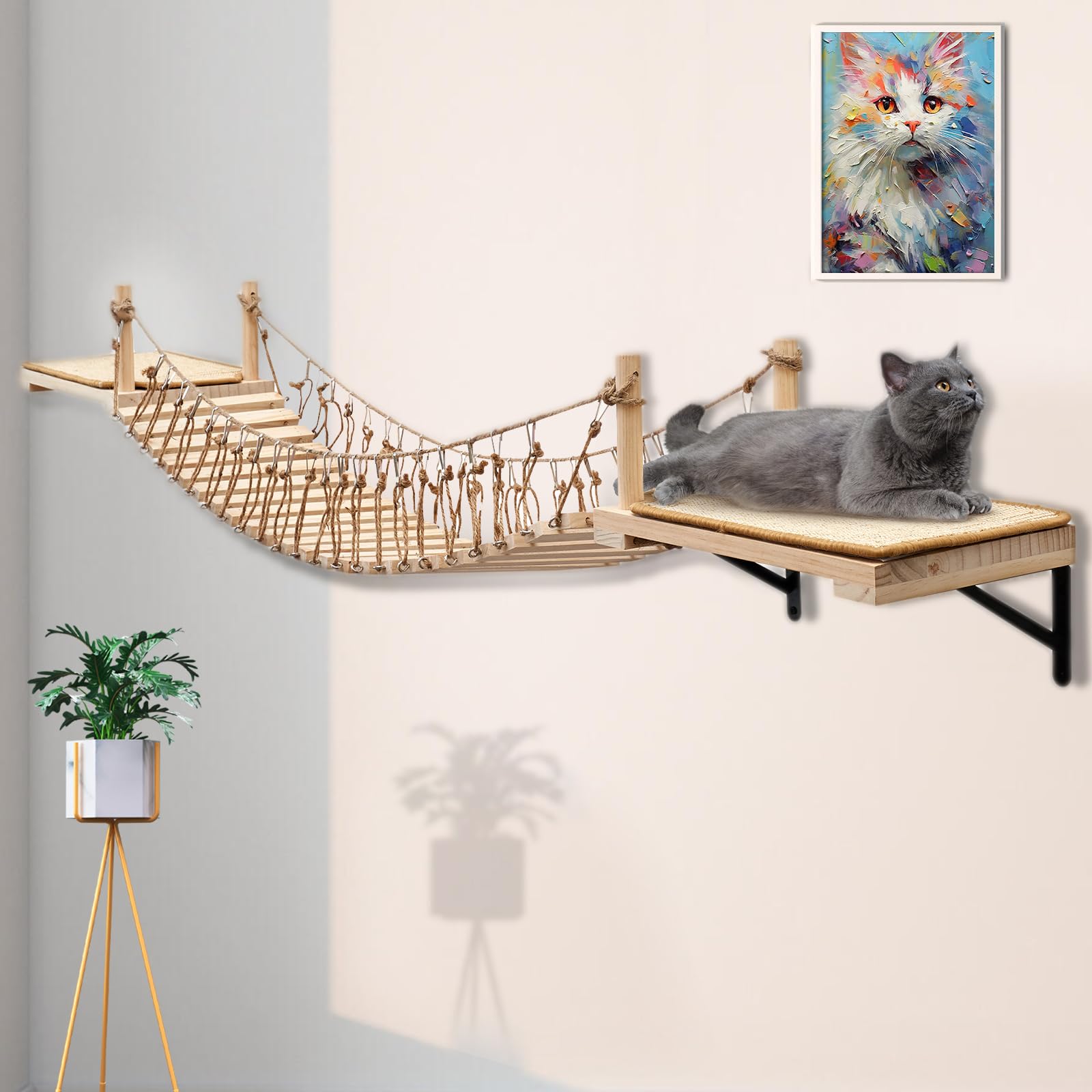 **Wall-Mounted Cat Rope Bridge & Shelves - Wooden Cat Wall Furniture for Indoor Cats, Climbing, Sleeping & Play - Includes Sisal Scratch Mat - Perfect for Small Spaces & Cat Enrichment**