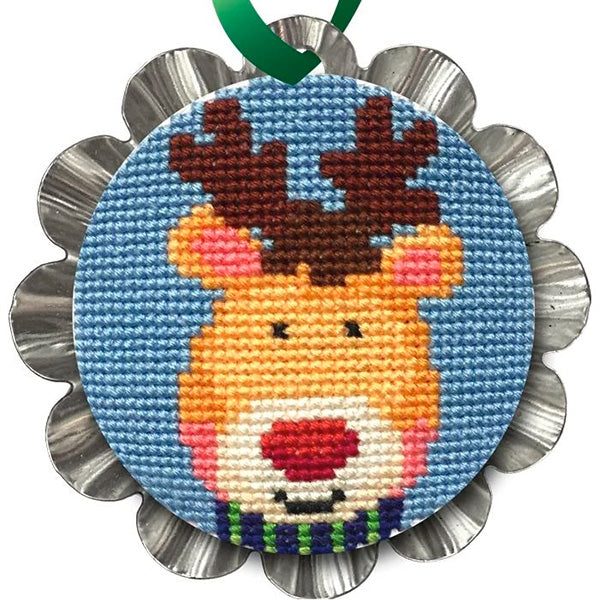 Tart Tin Cross Stitch Ornament Kit - Jolly Reindeer DIY Christmas Craft for Holiday Decorations & Gift Giving
