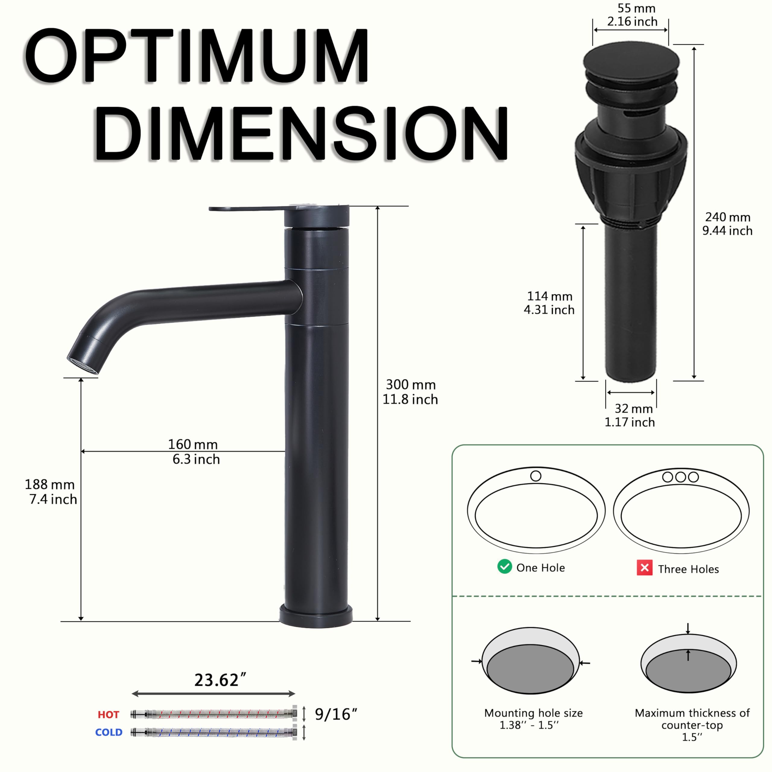 Comllen Tall Matte Black Single Hole Vessel Sink Faucet - 360° Swivel Spout Modern Bathroom Faucet with Water Supply Hose | Perfect for RV Vanity, Lavatory & Contemporary Bathroom Designs