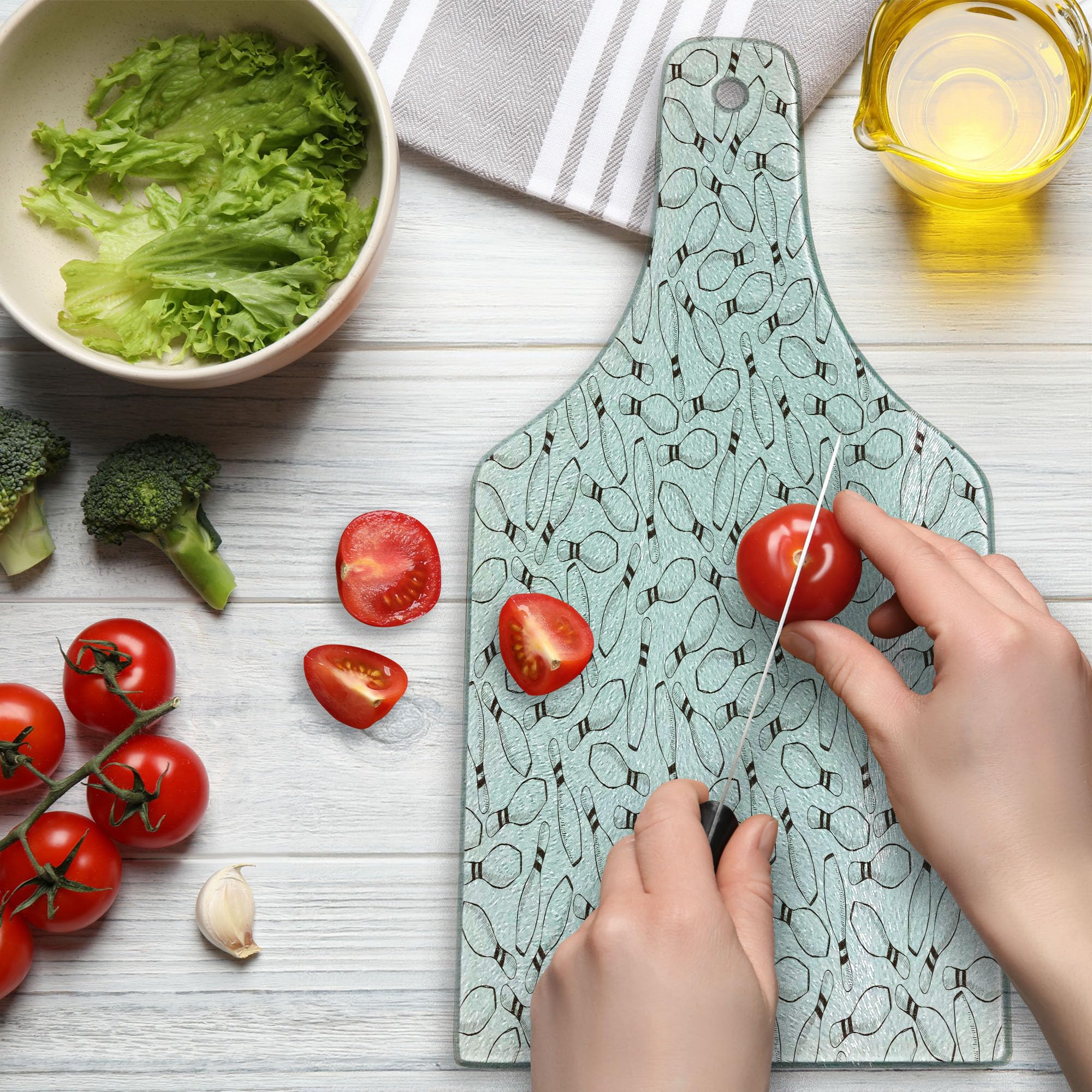 Ambesonne Bowling Party Tempered Glass Cutting Board - Sketchy Bowling Pins Hand-Drawn Design, Monochrome Decorative Serving Board for Cheese, Charcuterie & Wine - Perfect for Game Nights, Parties & Kitchen Decor (Dark Brown/White)