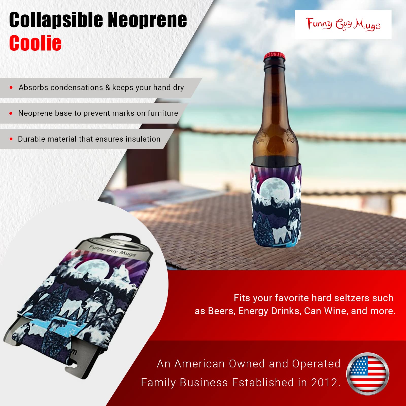 Funny Wolf Design Collapsible Neoprene Can Cooler - Insulated Beer & Soda Holder for Camping, Beach & Outdoor Parties