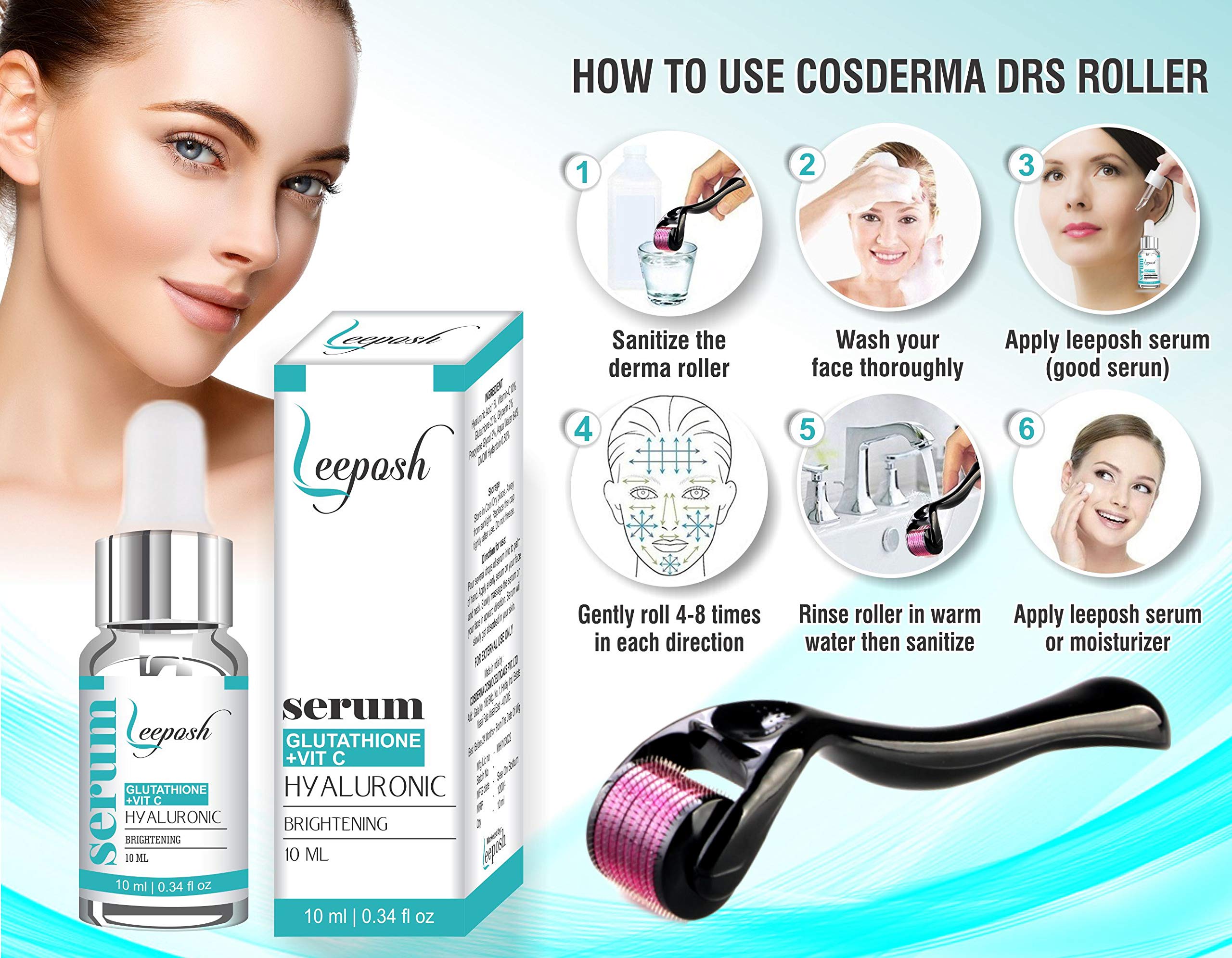LEEPOSH Vitamin C Glutathione Hyaluronic Acid Serum with Derma Roller - Brightening & Anti-Aging Face Treatment for Dark Spots & Wrinkles | Perfect for Night Skincare Routine & Daily Hydration