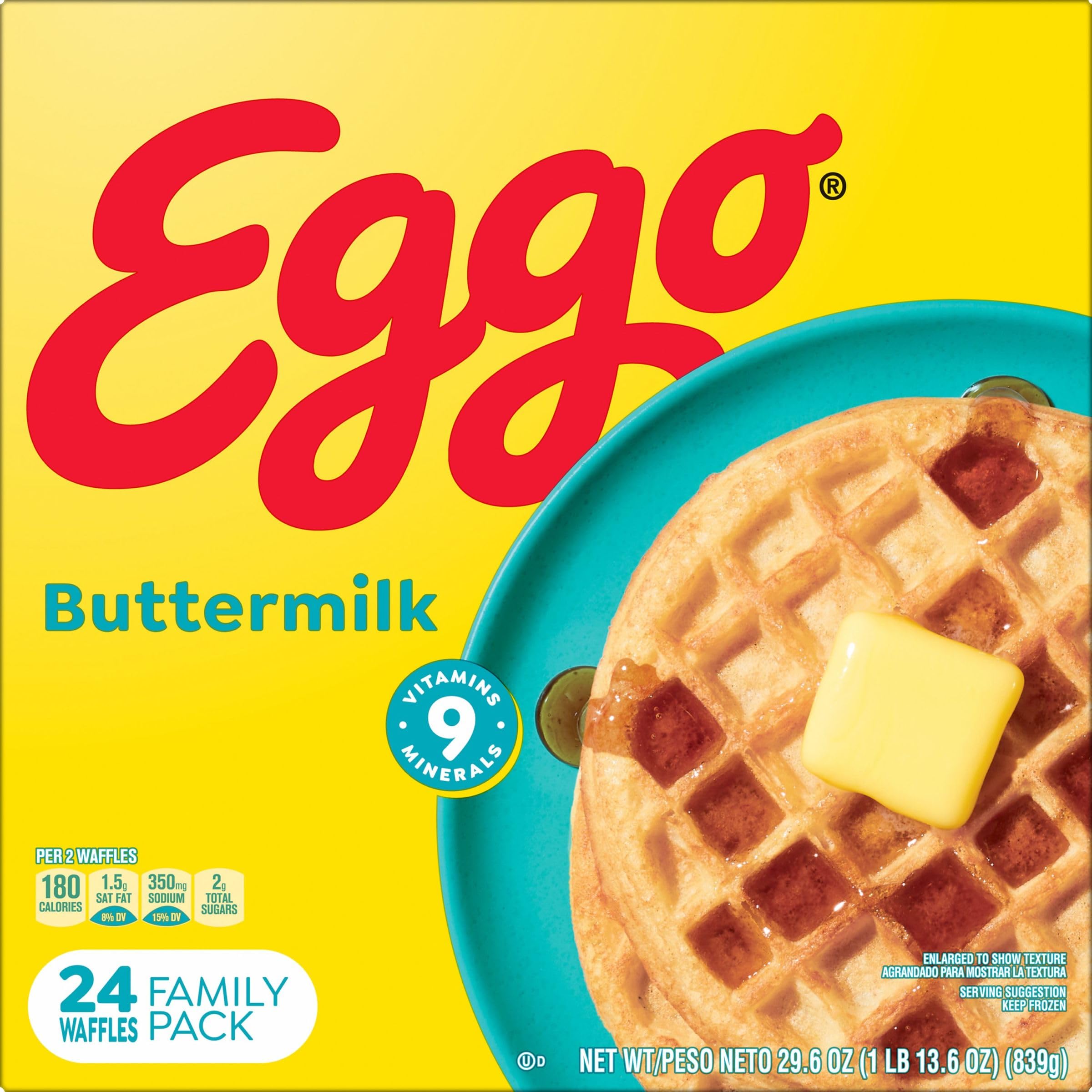 Eggo Frozen Waffles - Buttermilk Breakfast Food, Family Pack 29.6oz (24 Waffles) - Quick & Easy Morning Meal for Busy Families, Kids Breakfast, School Mornings & Weekend Brunch