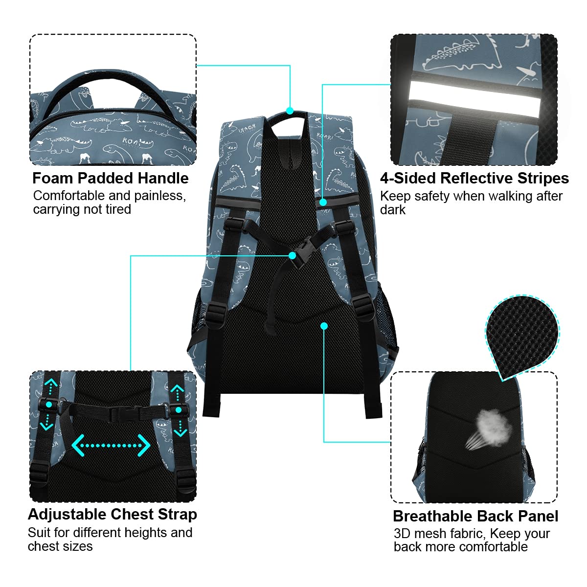 Durable Dinosaur School Backpack with Adjustable Chest Strap - Kids Laptop Backpack for Boys & Girls - Lightweight Travel & Hiking Rucksack - Perfect for School, Camping & Outdoor Adventures