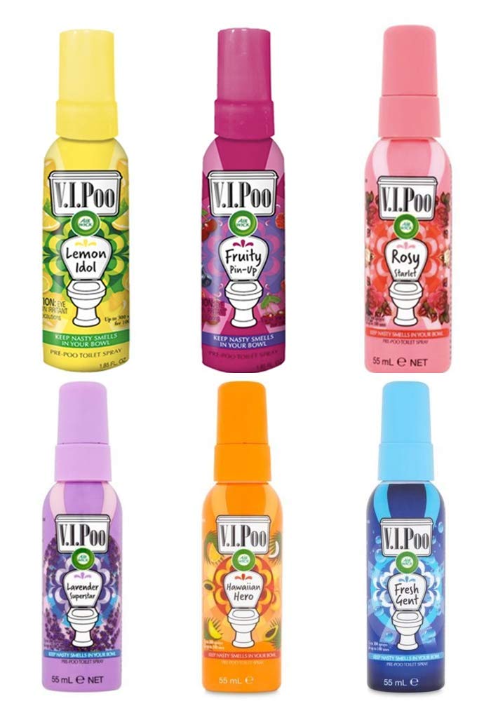 Air Wick V.I.P. Pre-Poop Toilet Spray Set of 6 | Essential Oil Infused Lavender, Lemon, Hawaiian, Fresh, Rosy & Fruity Scents | Travel-Size Bathroom Air Freshener (1.85 Oz Each) | Eliminates Odors Before & After Toilet Use | Perfect for Home, Office & Travel