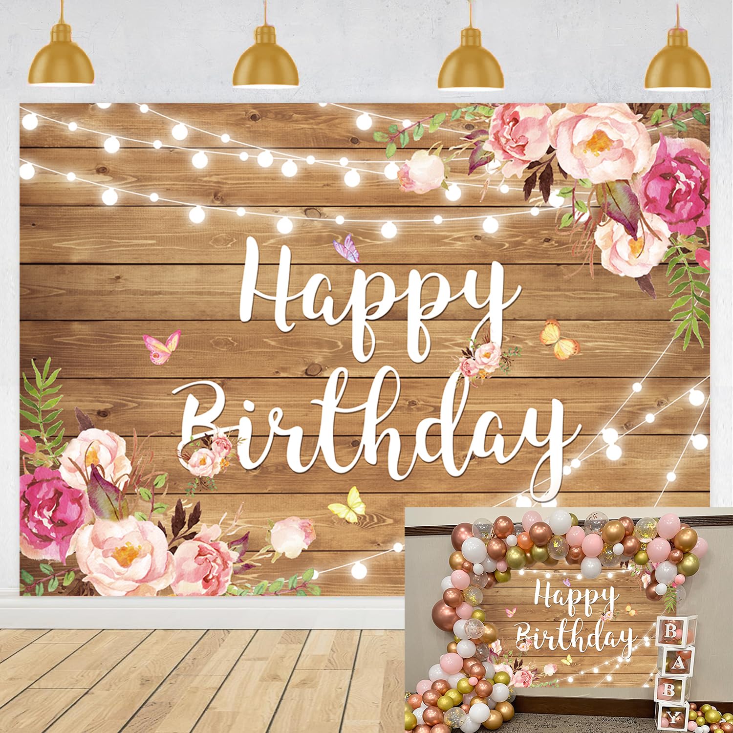 Rustic Wood Floral Birthday Backdrop - Spring Flower Wood Glitter Photography Background for Women, Kids & Adults - Perfect for Birthday Parties, Weddings, Photo Booths, Cake Table Decorations and Special Events