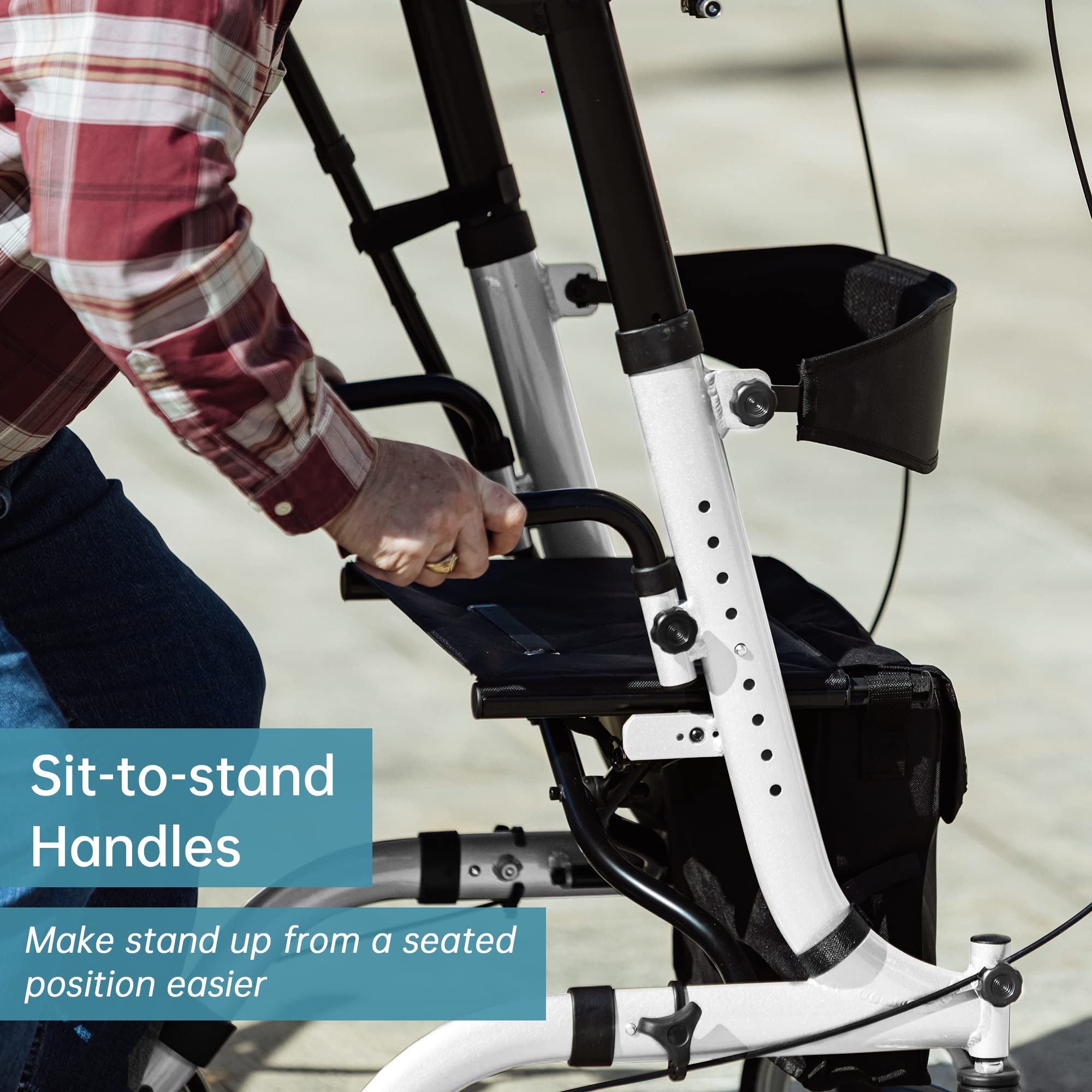 ELENKER Upright Walker with Seat - Foldable Rolling Mobility Aid for Seniors & Adults, Adjustable Height & Padded Armrests - Ideal for Indoor/Outdoor Use, Shopping & Rehabilitation (White)