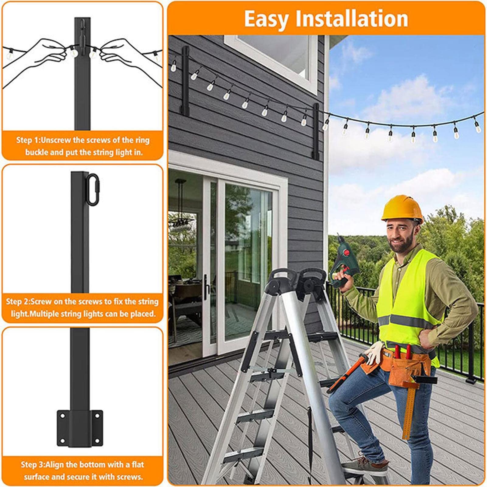 4 Pack Adjustable Freestanding Outdoor Light String Poles - Metal Hanging Light Stands for Patio, Garden, Backyard, Wedding & Party Decorations