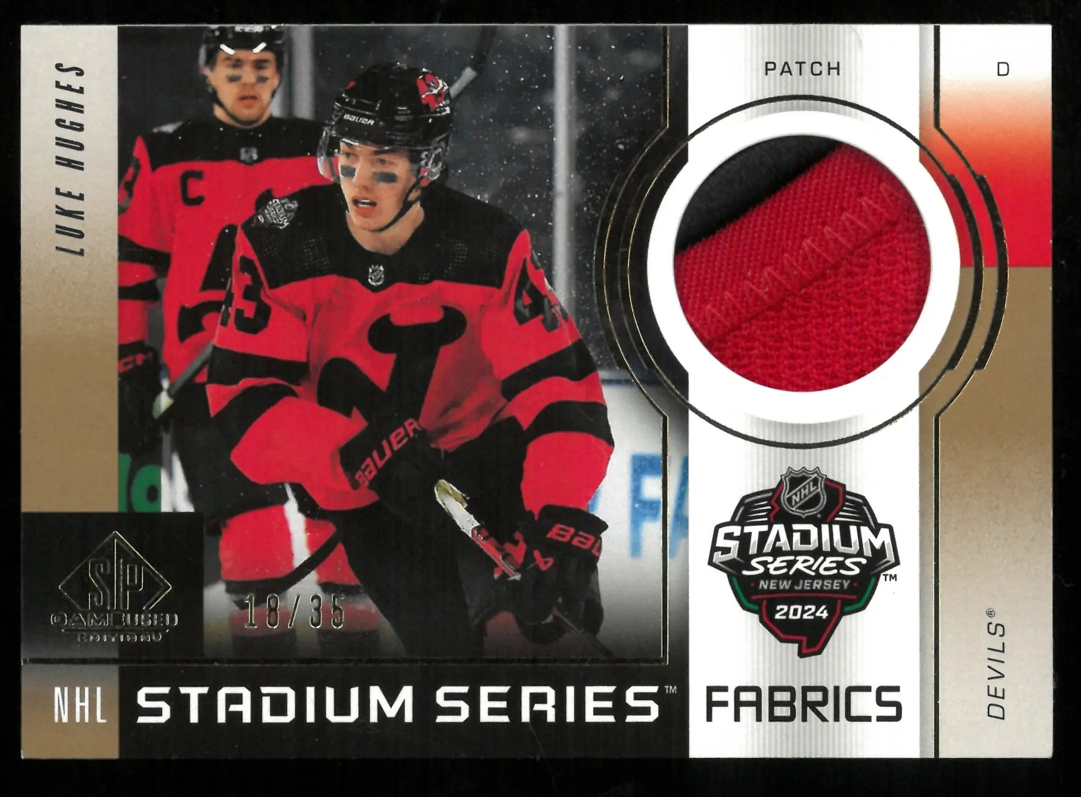 2024 Upper Deck SP Game Used Hockey Luke Hughes Stadium Series Patch Card #/35 - NHL Collectible Memorabilia for Fans & Card Collectors - Perfect for Display, Trading, and Investment