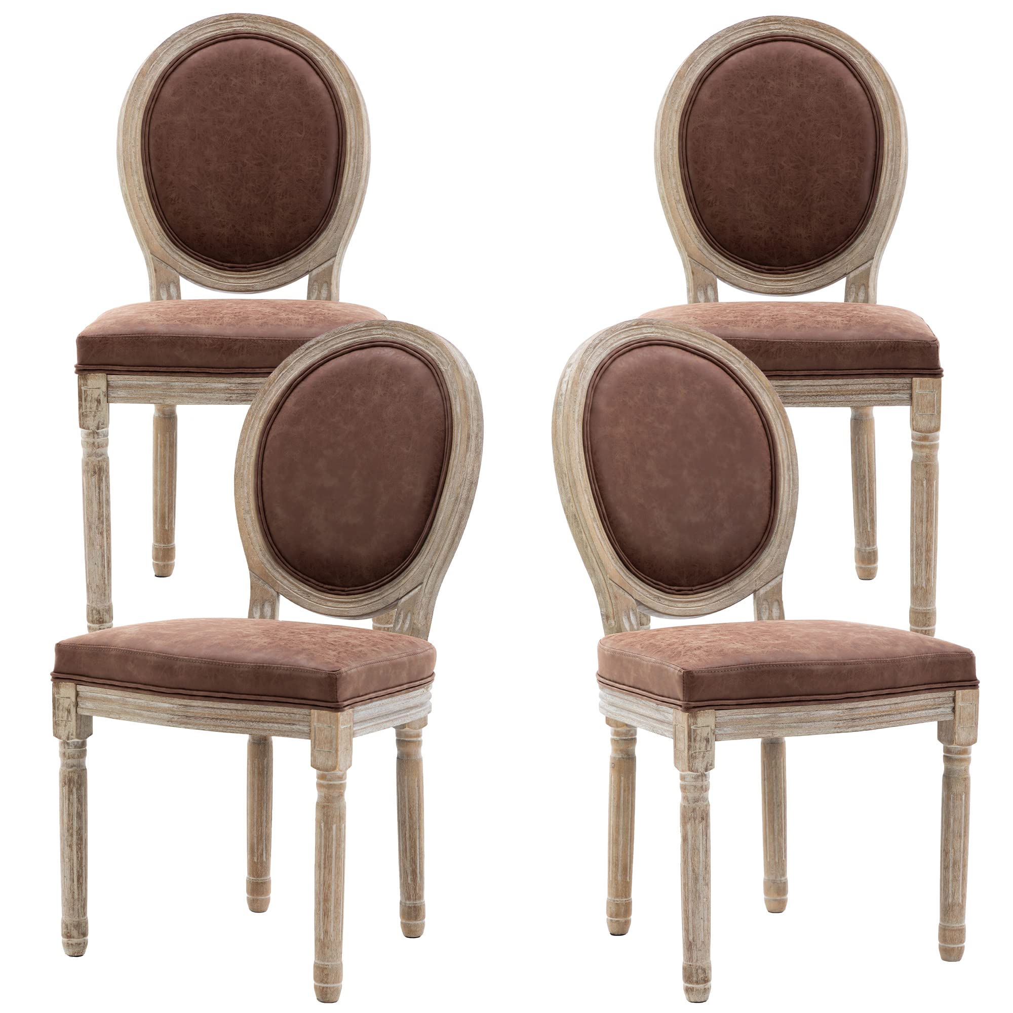 Farmhouse Style Leather Dining Chairs Set of 4 - French Country Round Back Bistro Chairs with Wooden Legs for Dining Room, Kitchen, Living Room or Restaurant - Brown Leather Seats for Home Decor & Commercial Use