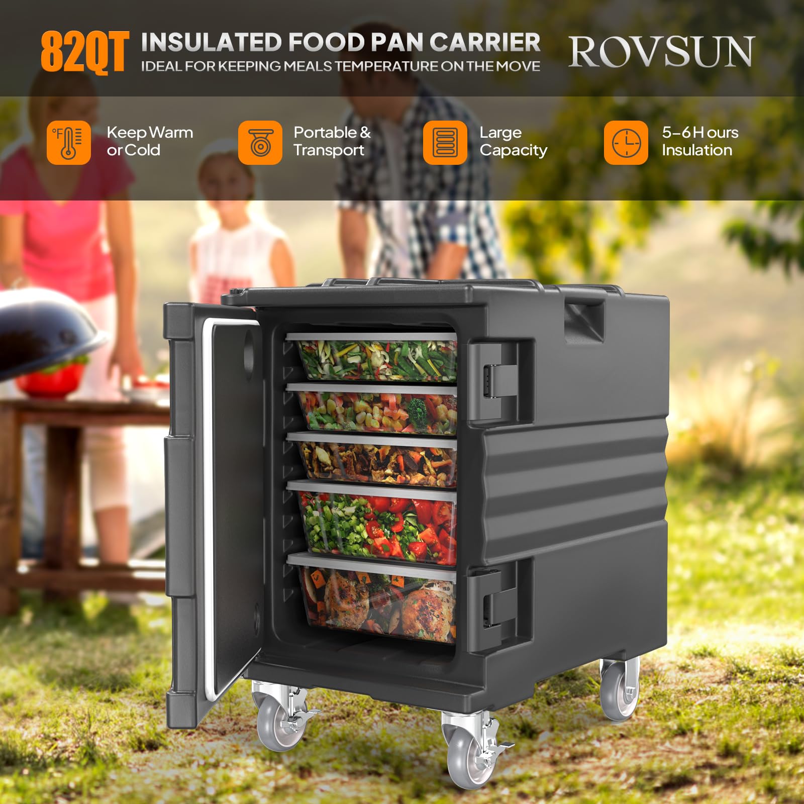 ROVSUN Insulated Food Warmer with Lockable Wheels - Stackable Hot Box Carrier for Catering, Restaurants & Parties - Double Buckles & Handles for Secure Transport - Perfect for Buffets, Outdoor Events & Food Delivery Services