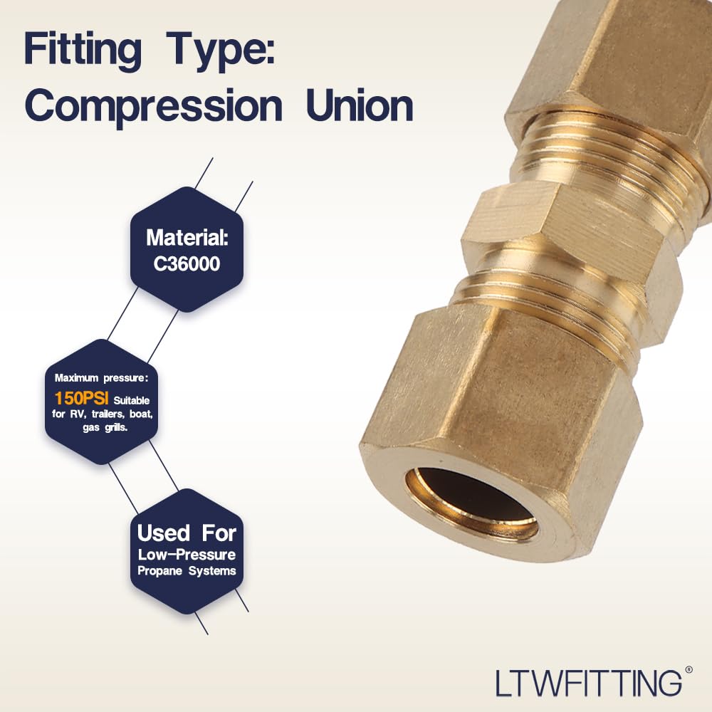 LTWFITTING 3/8-Inch OD Brass Compression Union Fitting - Pack of 200 for Plumbing, HVAC & Water Supply Systems - Perfect for Pipe Connections & Repairs