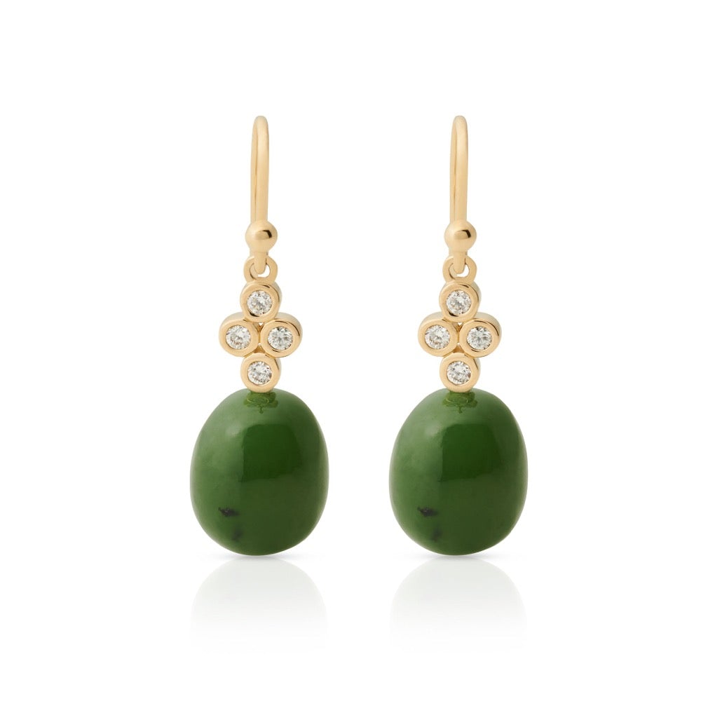 Exquisite Green Nephrite Jade & Diamond Drop Earrings for Women – Elegant Dangle Earrings for Weddings, Parties & Special Occasions