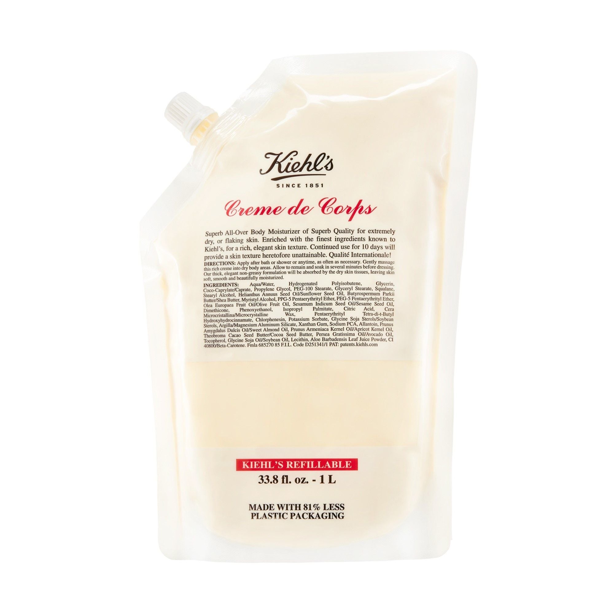Kiehl's Crème de Corps Ultra Rich Body Lotion Refill - 33.8 oz | Deeply Hydrating & Nourishing Dry Skin Care | For Daily Moisturizing & Spa-Like Pampering at Home