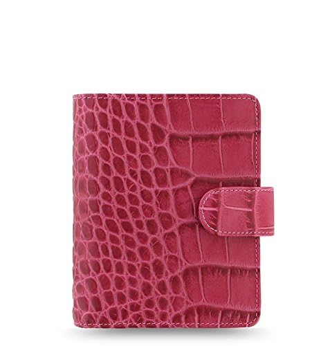 Filofax Pocket Size Classic Croc Print Leather Organizer - Weekly & Daily Planner with 2025 Calendar | Includes DiLoro Ballpoint Pen in Fuchsia (026078) | Perfect for Business Professionals, Students & Personal Scheduling