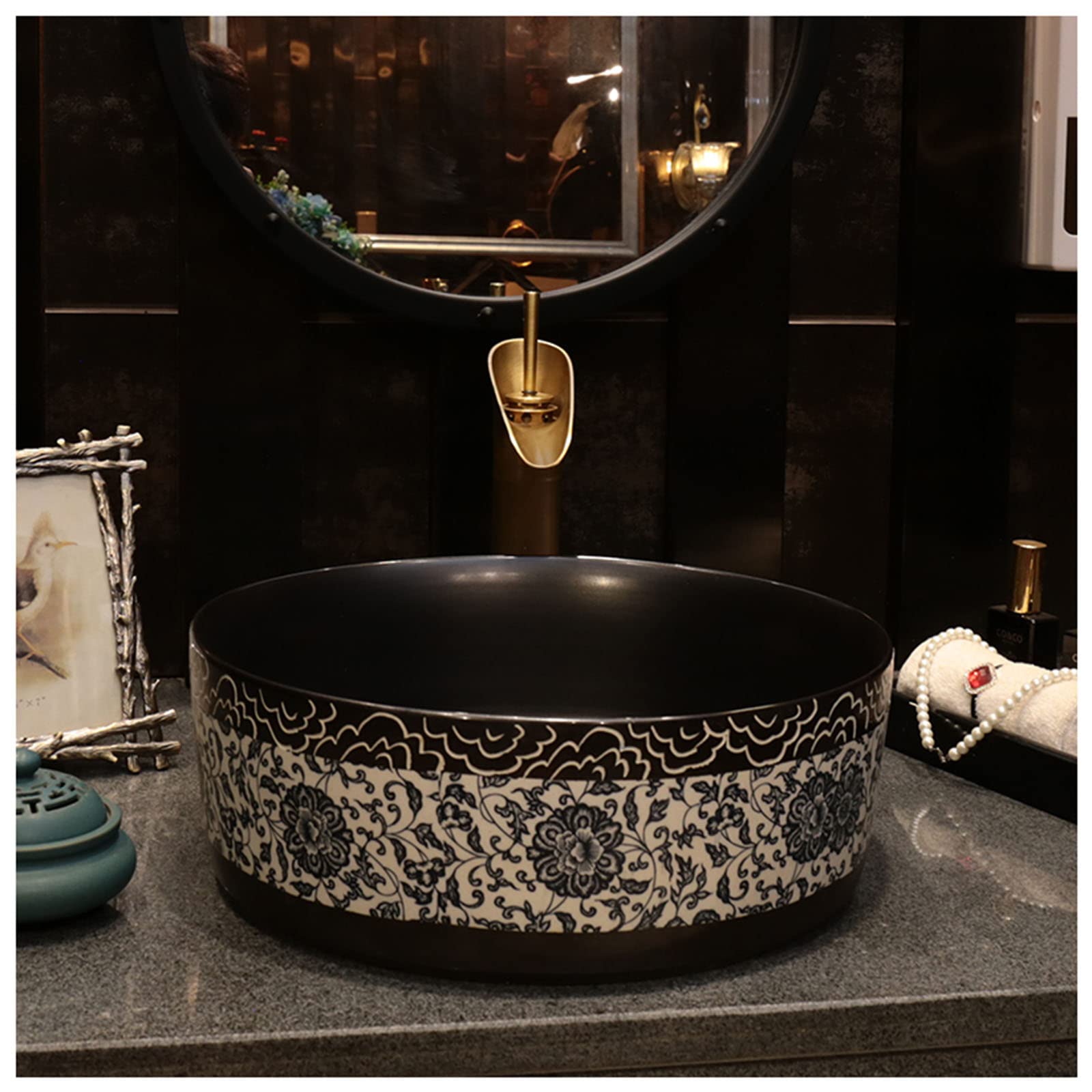 Modern Ceramic Vessel Sink - Round Black Bathroom Vanity Sink with Hand-Painted Blue Pattern, 16.5