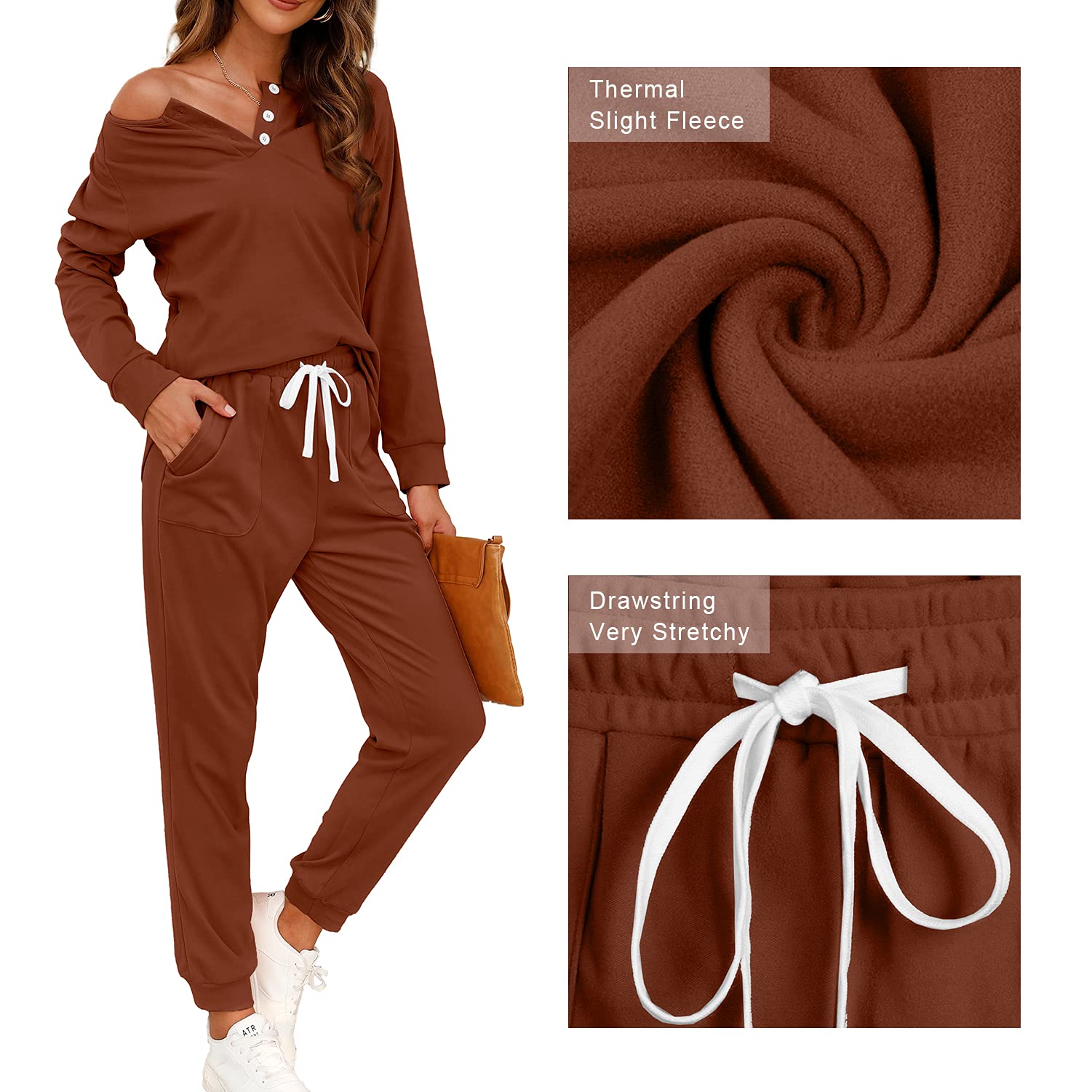 WIHOLL Women's 2-Piece Lounge Set - Button Down Sweatshirt & Sweatpants Outfit with Pockets | Comfortable Casual Wear for Home, Yoga & Running Errands