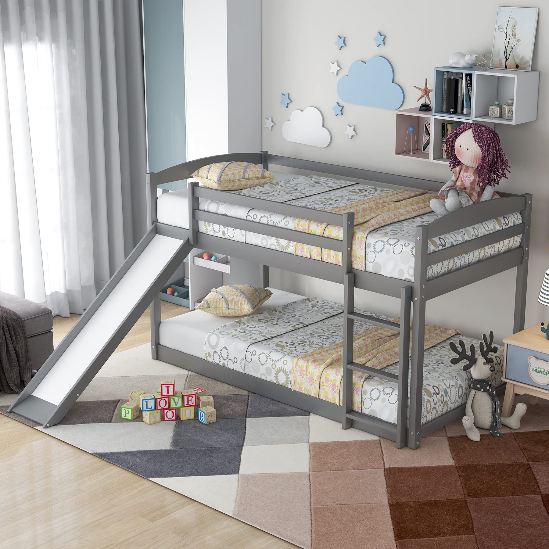 Twin Over Twin Bunk Bed with Slide & Ladder - Solid Wood Low Floor Bunk Bed with Slat Support - Space Saving Kids Bedroom Furniture - No Box Spring Needed - Perfect for Small Rooms & Shared Kids Bedrooms (Gray)