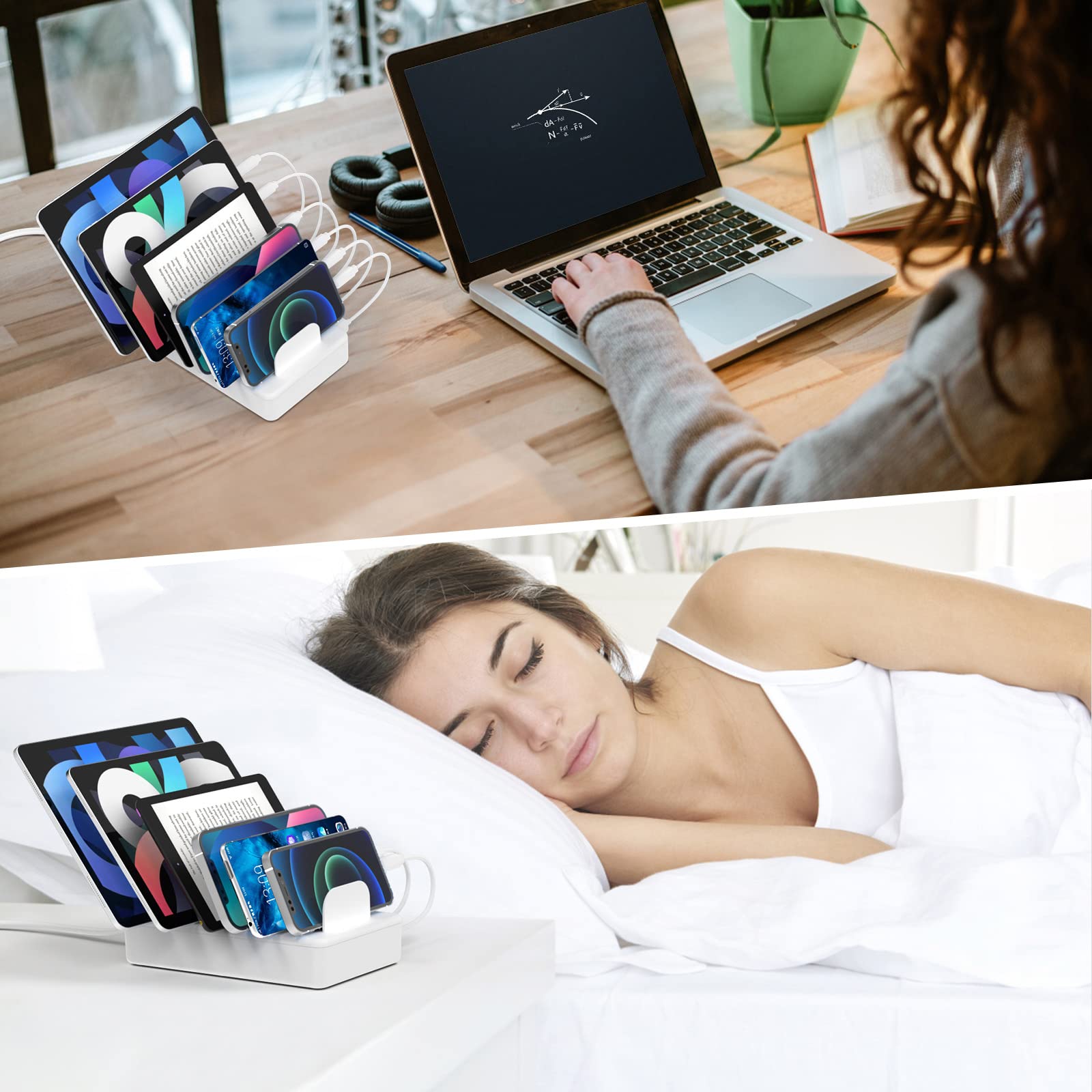 ZXSWONLY 6-Port USB Charging Station with 6 Cables - Fast Multi Device Charger Dock for iPhone, Android, Tablet, Kindle, iPad, Smartphones - Perfect for Home, Office, Travel & Nightstand Charging (White)