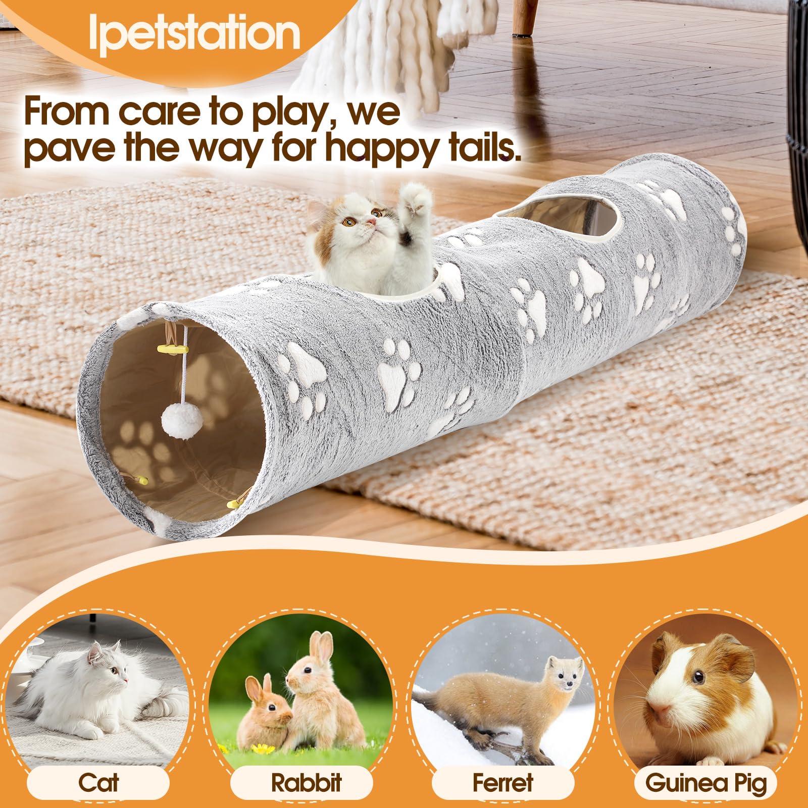 IPetStation Straight Cat Tunnel for Indoor Cats - Collapsible Plush Play Tunnel with Toy Ball for Kittens, Puppies, Bunnies & Small Dogs (Cat Print) | Fun Interactive Pet Toy for Exercise & Playtime
