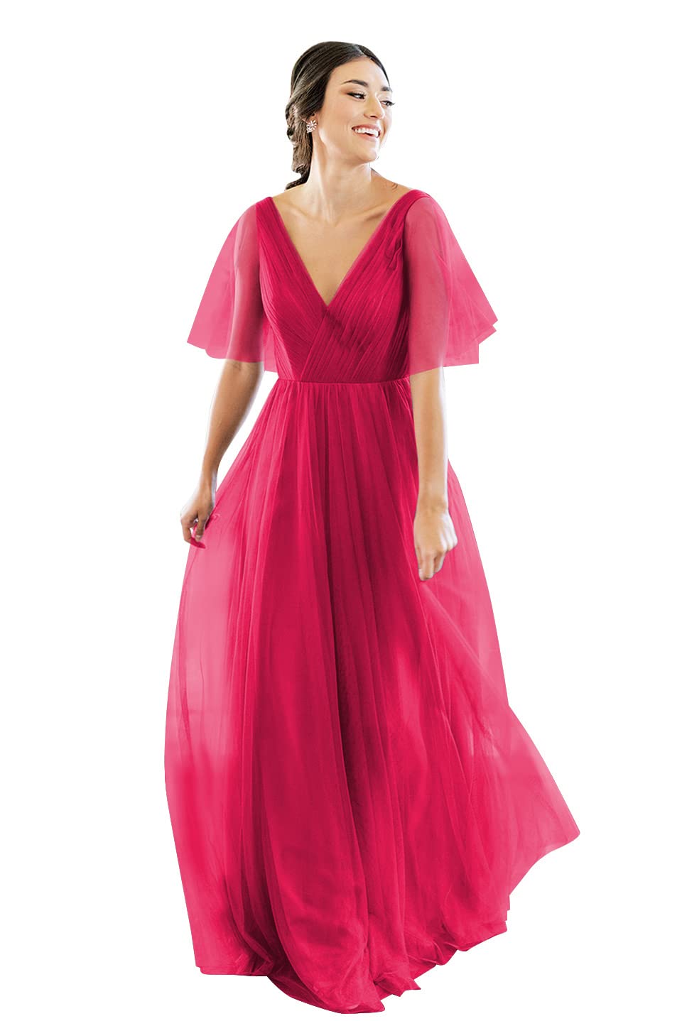 Elegant V-Neck Short Sleeve Tulle Bridesmaid Dress for Women - Backless Long Formal Gown for Wedding, Prom & Special Occasions