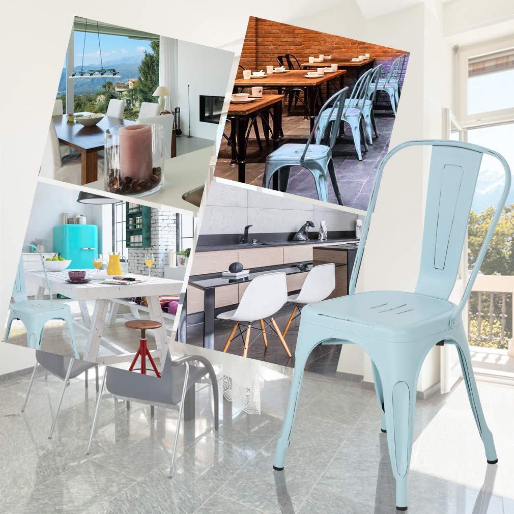 Metal Dining Chairs Set of 4 - Indoor Outdoor Stackable Bistro Chairs 330LBS Capacity - Rustic Industrial Cafe, Kitchen, Farmhouse, Pub & Restaurant Chairs in Blue - Perfect for Home, Patio, Coffee Shop & Dining Areas