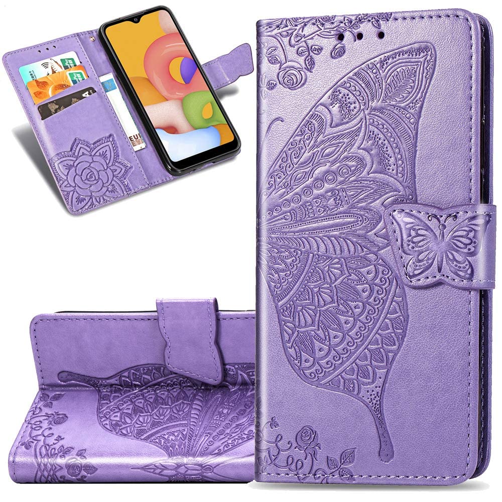 Motorola Moto G Pure Wallet Case - Leather Flip Cover with Card Holder & Kickstand, Shockproof Butterfly Embossed Design in Lavender for Women | Perfect for Daily Use, Travel & Business Meetings