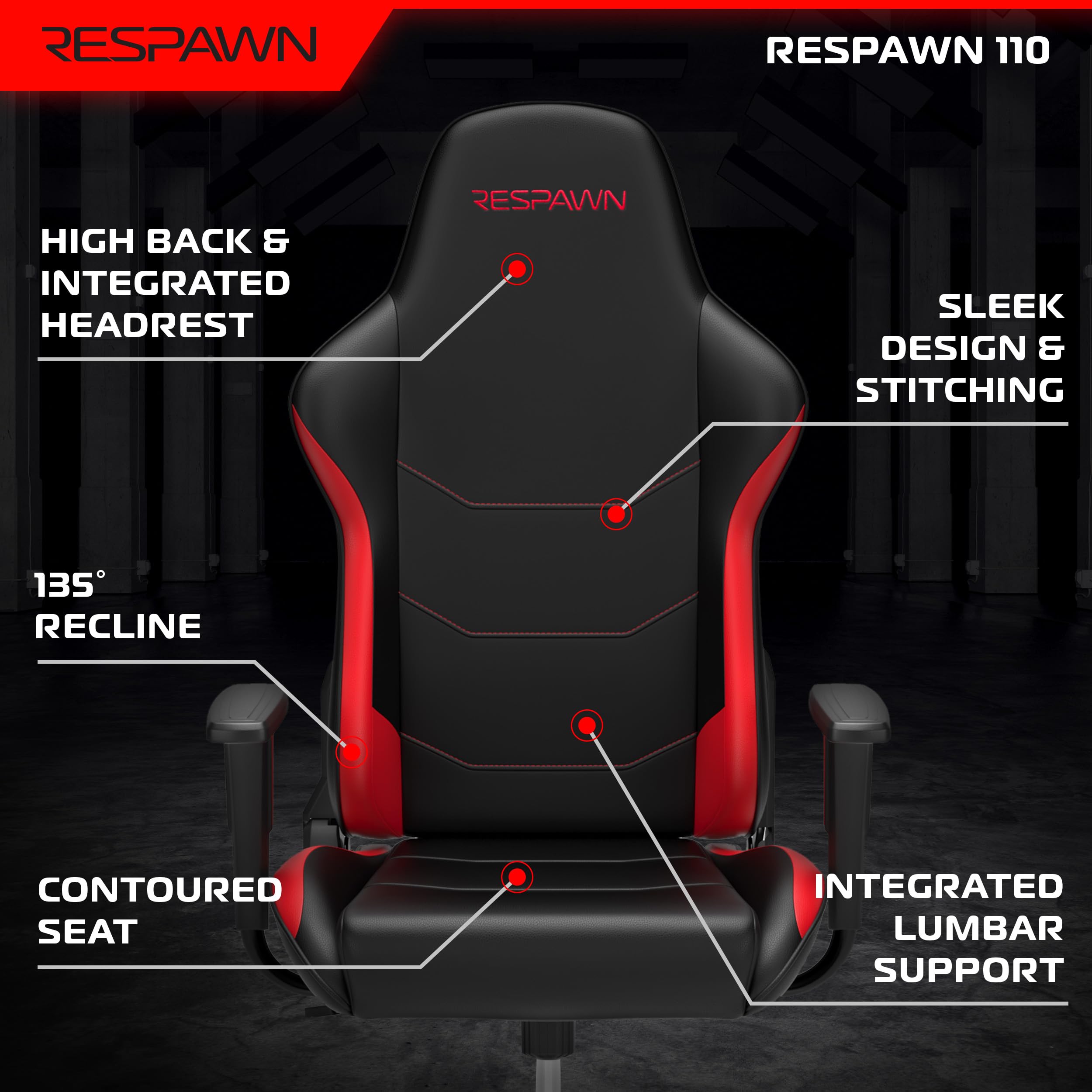 RESPAWN 110 Ergonomic Gaming Chair - Adjustable PC Computer Office Chair with Headrest, 135 Degree Recline & Angle Lock for Adults (Red) - Perfect for Esports, Streaming & Home Office Workspace