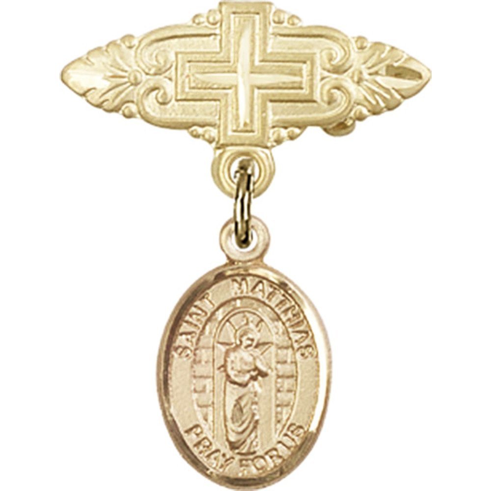 Gold Filled Baby Badge with St. Matthias The Apostle Charm & Cross Pin - 1 x 3/4 Inch - Religious Jewelry for Baptism, Christening & First Communion Gifts