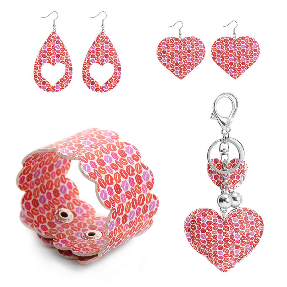 ASHMITA 4 Pairs Valentine's Day Dangle Teardrop Earrings with Heart Flower Print & Matching Key Chain Bracelet Set for Women and Girls - Perfect Gift for Anniversary, Date Night and Romantic Occasions