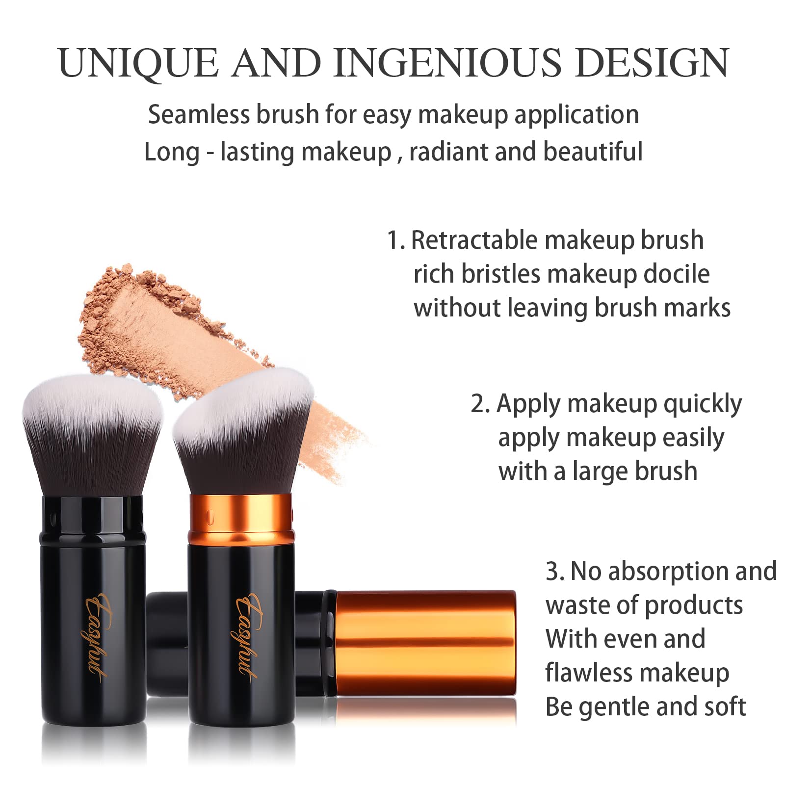 Retractable Kabuki Makeup Brush Set - 2 Pack Flat & Angled Foundation & Blush Brushes for Liquid, Cream & Powder Cosmetics | Travel-Friendly | Orange & Black | Perfect for On-The-Go Touch Ups & Professional Makeup Application