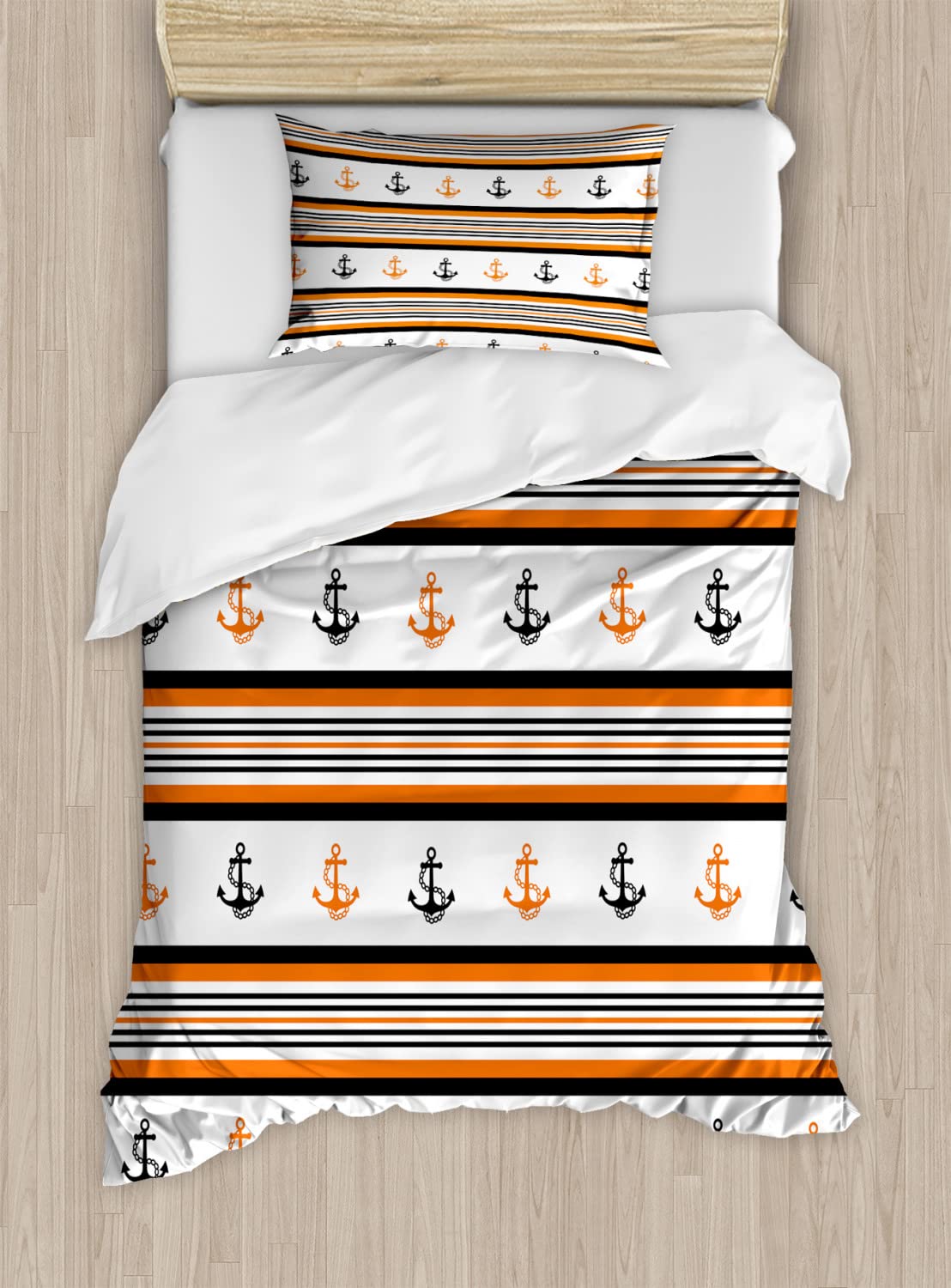 Ambesonne King Size Anchor Duvet Cover Set - 2 Pack Nautical Striped Bedding with 2 Duvet Covers & 4 Pillowcases, Orange Black White Design for Coastal & Summer Home Decor | Perfect for Beach House, Guest Room & Nautical Themed Bedrooms