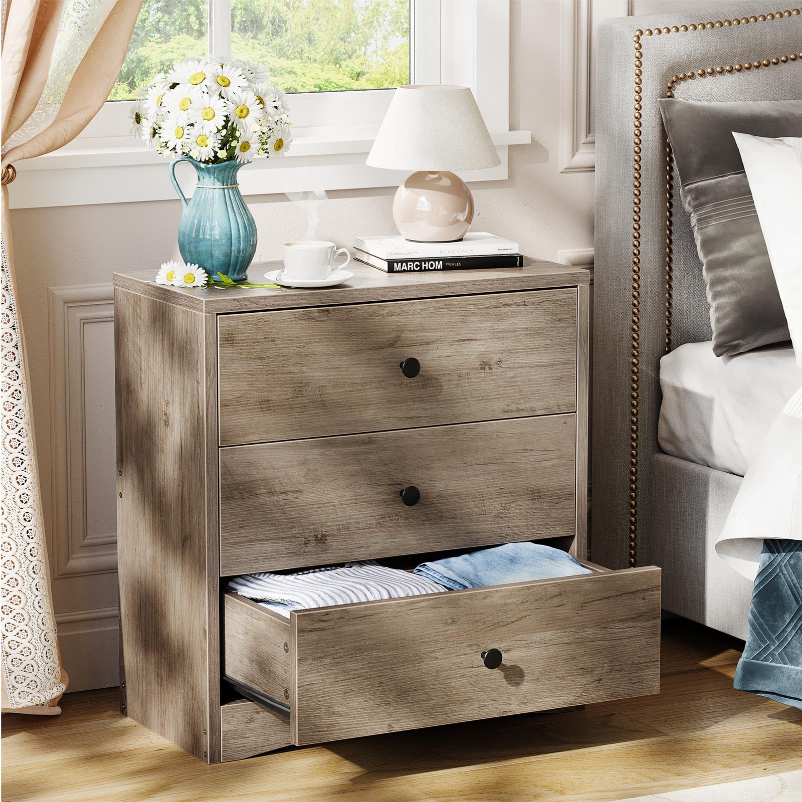 Farmhouse Nightstand with 3 Drawers - Solid Wood Bedside Table, Small Dresser Cabinet for Bedroom - Rustic Gray Storage Furniture for Small Spaces | Perfect for Reading Nook, Guest Room & Apartment Living