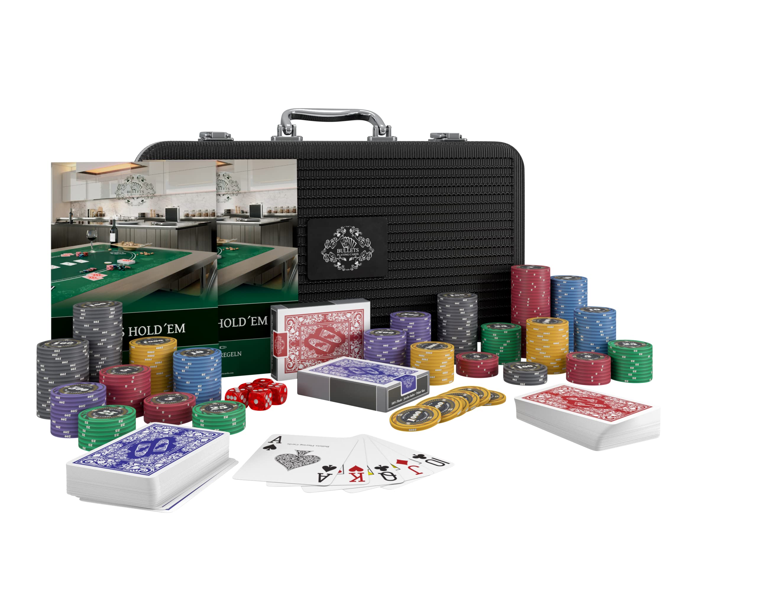 Bullet Playing Cards Poker Set with Case - 300 Ceramic Chips for Poker, Blackjack & Casino Games - Durable Complete Poker Chip Set with Denomination Values - Perfect for Home Games, Casino Nights & Poker Tournaments