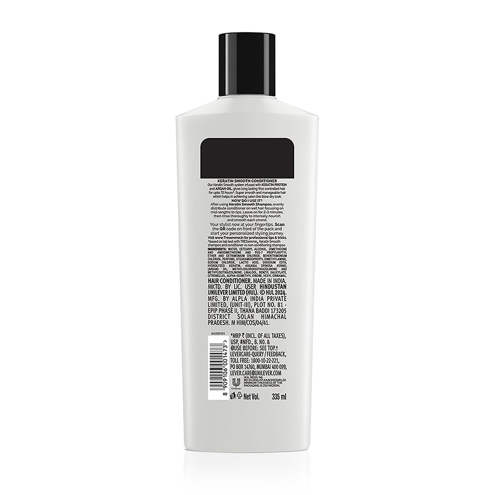TRESemme Keratin Smooth Conditioner 335ml - Keratin & Moroccan Argan Oil Formula for Smoother, Shinier Hair - Frizz Control & Nourishment Lasts 72 Hours - Unisex Hair Care - Perfect for Daily Use, Salon-Quality Results at Home