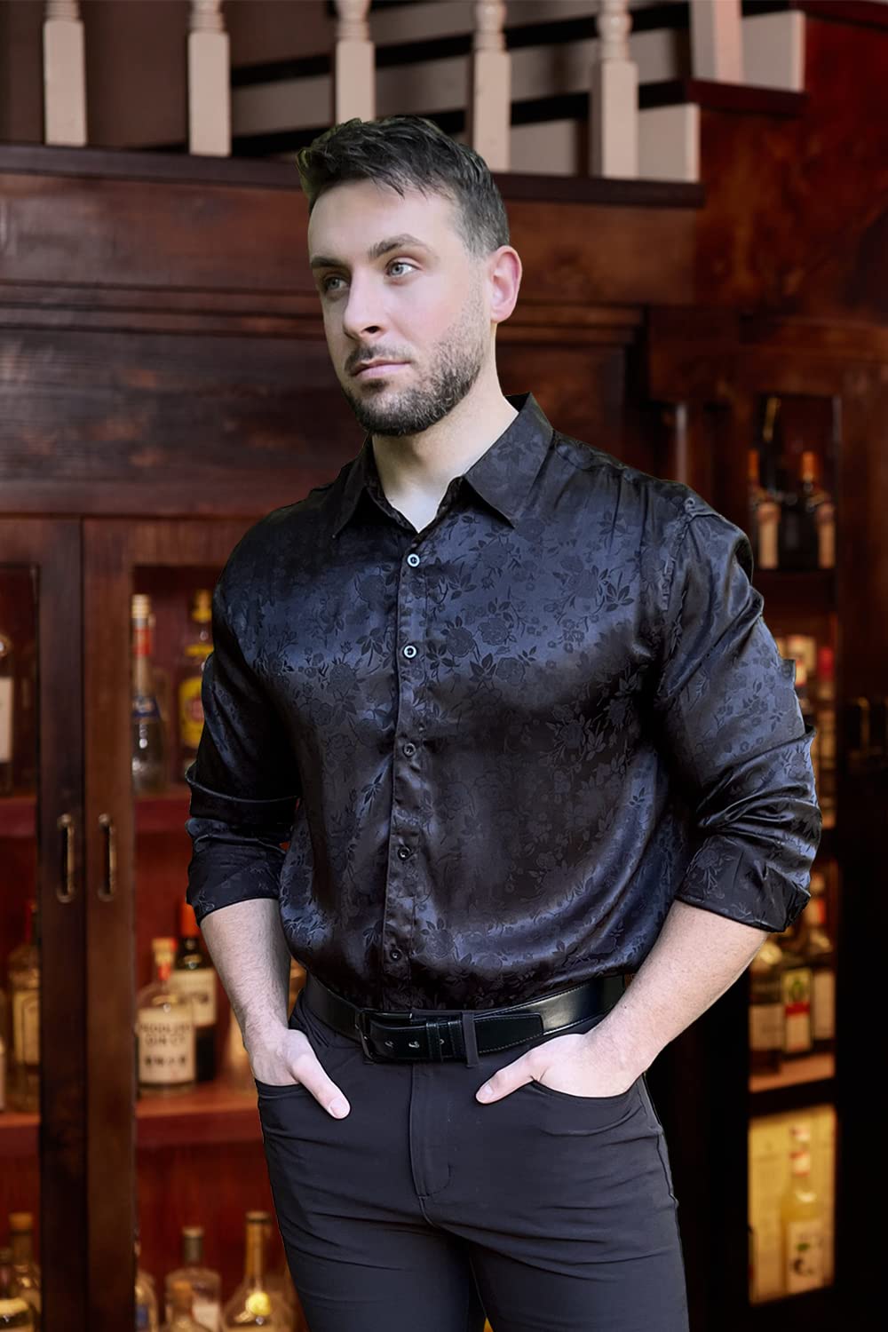 COOFANDY Men's Silk Satin Dress Shirt - Jacquard Long Sleeve Floral Button Up Shirt for Formal Wear, Party, Prom & Wedding | Elegant Business & Evening Occasion Shirt