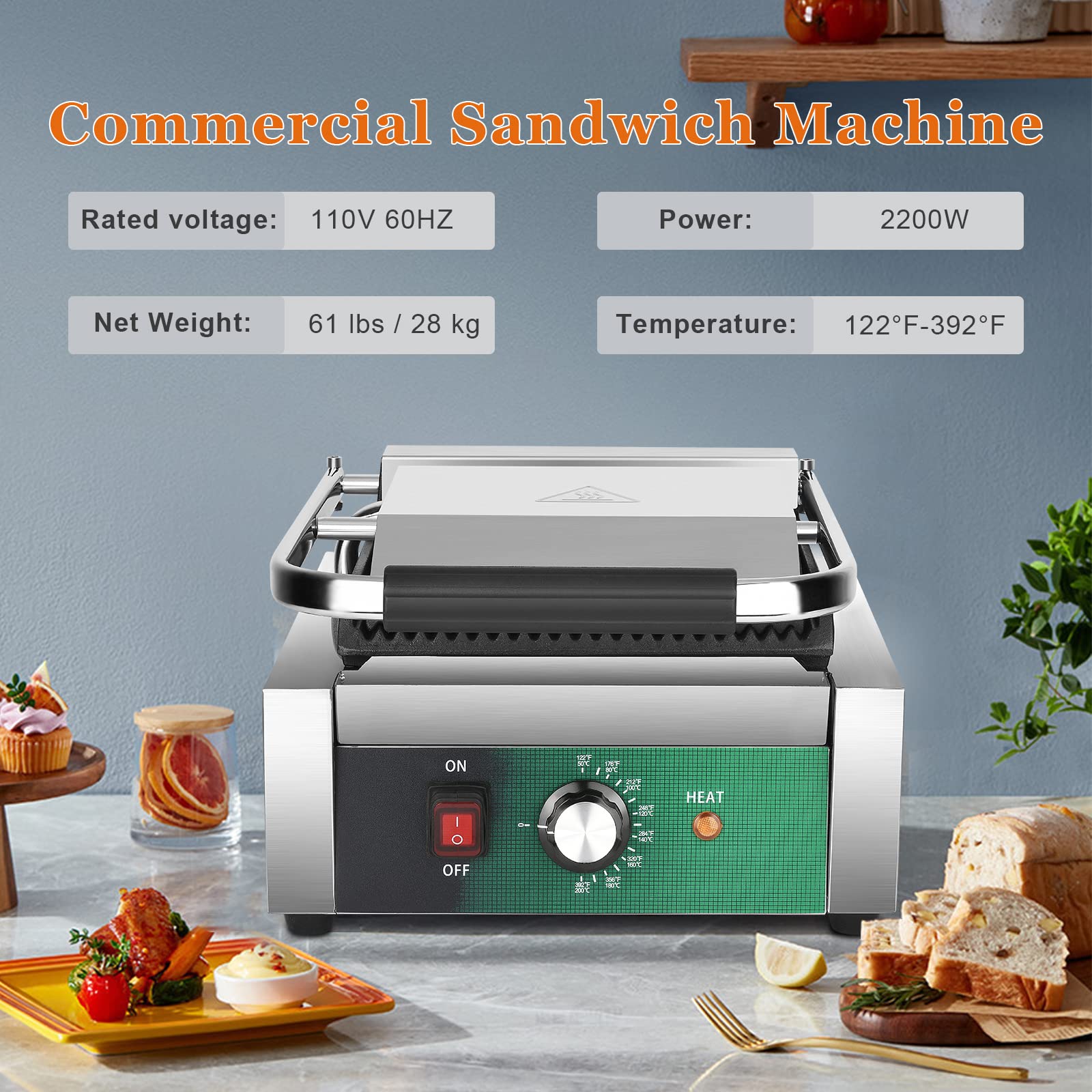 2200W Commercial Electric Panini Press Grill with Non-Stick Grooved Plates, Adjustable Temperature Control Sandwich Maker - Perfect for Hamburgers, Steaks, Paninis & Breakfast Griddles - Ideal for Restaurants, Cafes & Home Kitchens