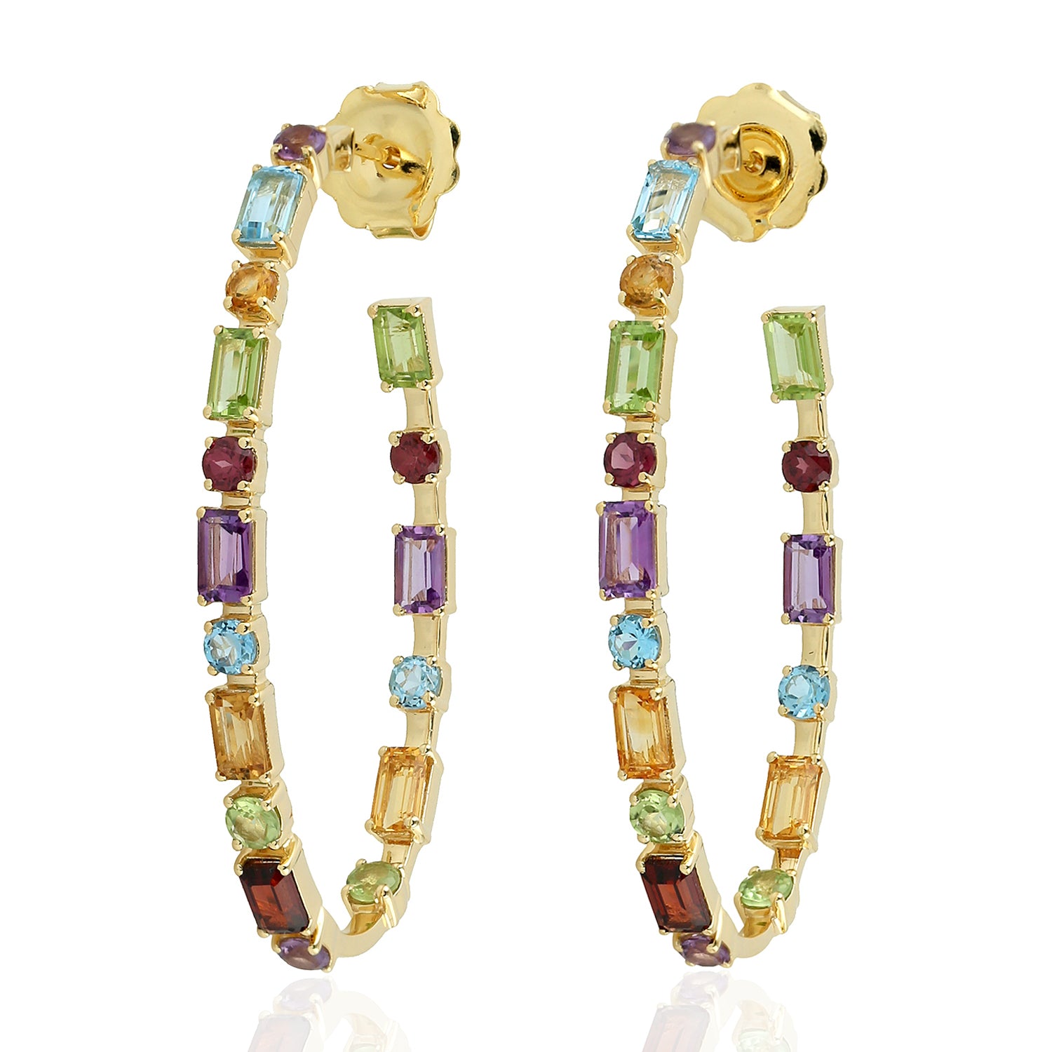 18K Yellow Gold Amethyst Multi Gemstone Long Hoop Earrings for Women - Elegant Statement Jewelry for Parties, Weddings & Special Occasions