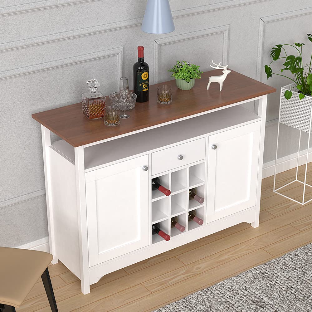 Modern Black Wooden Buffet Cabinet with 2 Doors, Drawers & 9 Wine Cubes - Freestanding Kitchen Sideboard Storage for Dining Room, Home Office & Living Room - Perfect for Organizing Dishes, Glassware & Wine Collections