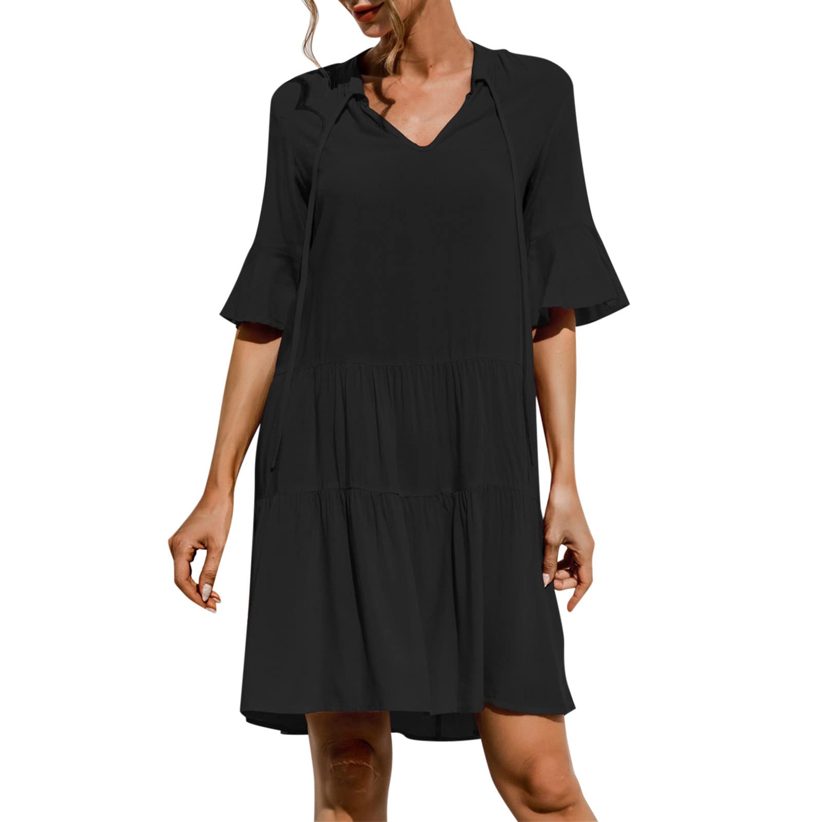 Women's 3/4 Puff Sleeves Ruffle Mini Dress - V Neck Solid Pleated Babydoll Summer Dress for Women | Casual Wear, Beach Vacation, Party Outfit