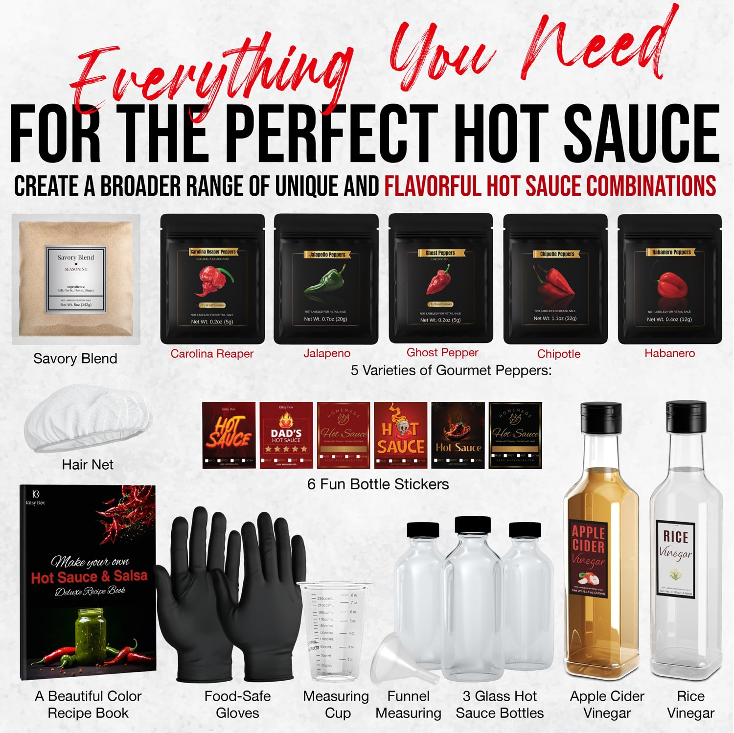 DIY Hot Sauce Making Kit - Premium Gourmet Set with 5 Peppers (Carolina Reaper, Ghost, Habanero, Chipotle, Jalapeno) | Includes Ingredients & Recipe Book | Perfect Gift for Hot Sauce Lovers | Home Cooking & Spicy Food Enthusiasts