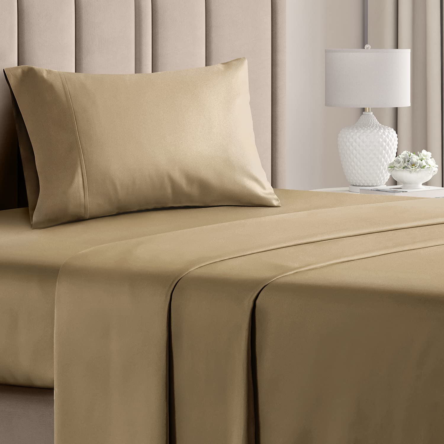 Cooling Twin Size Bamboo Sheets - 40% Bamboo 60% Polyester Blend - Ultra Soft & Breathable Bed Sheets for Hot Sleepers - Perfect for Summer Nights & Temperature Regulation - Fits Standard Twin Beds (Beige)