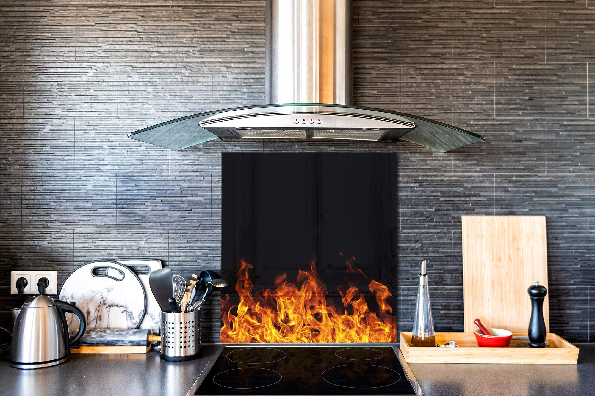 Printed Tempered Glass Backsplash - Fire Black Background 4 (BS14 Fire Series) - Durable & Stylish Kitchen Splashback for Stoves, Countertops & Backsplash Protection
