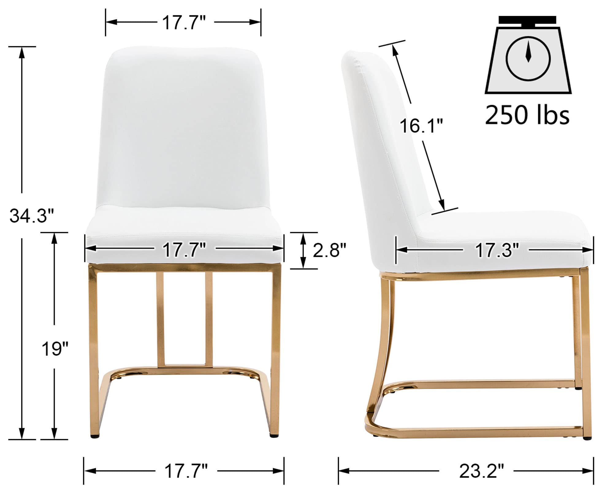 VESCASA Mid Century Modern Dining Chairs Set of 2 - Faux Leather Upholstered with Gold Metal Frame - White Contemporary Kitchen & Restaurant Chairs for Dining Room, Home Decor & Office Use