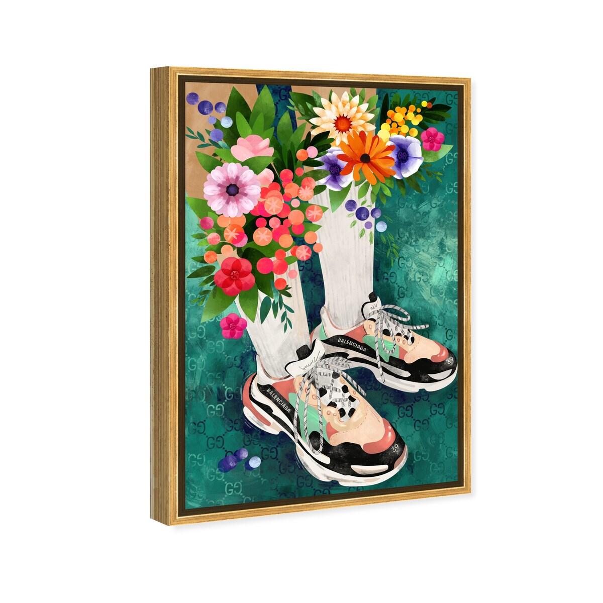 Stylish Floral Sneakers & Socks Set with Modern Green Framed Canvas Wall Art - Perfect for Bedroom Decor and Fashion Outfits | Home & Fashion Combo