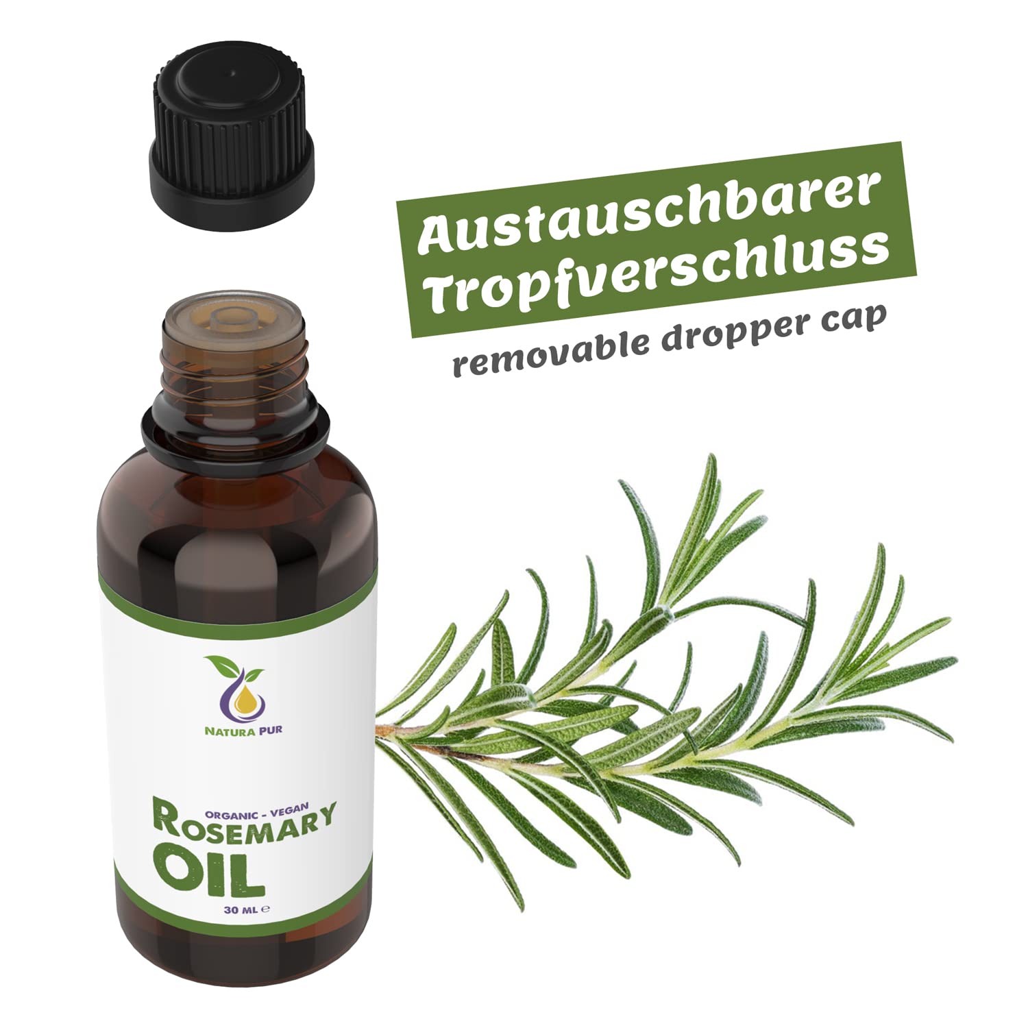 100% Pure Natural Rosemary Essential Oil 30ml - Vegan, Undiluted Rosemary Officinalis Oil for Aromatherapy, Hair Growth & Skin Care - Perfect for Diffusers, Massage & DIY Beauty Products